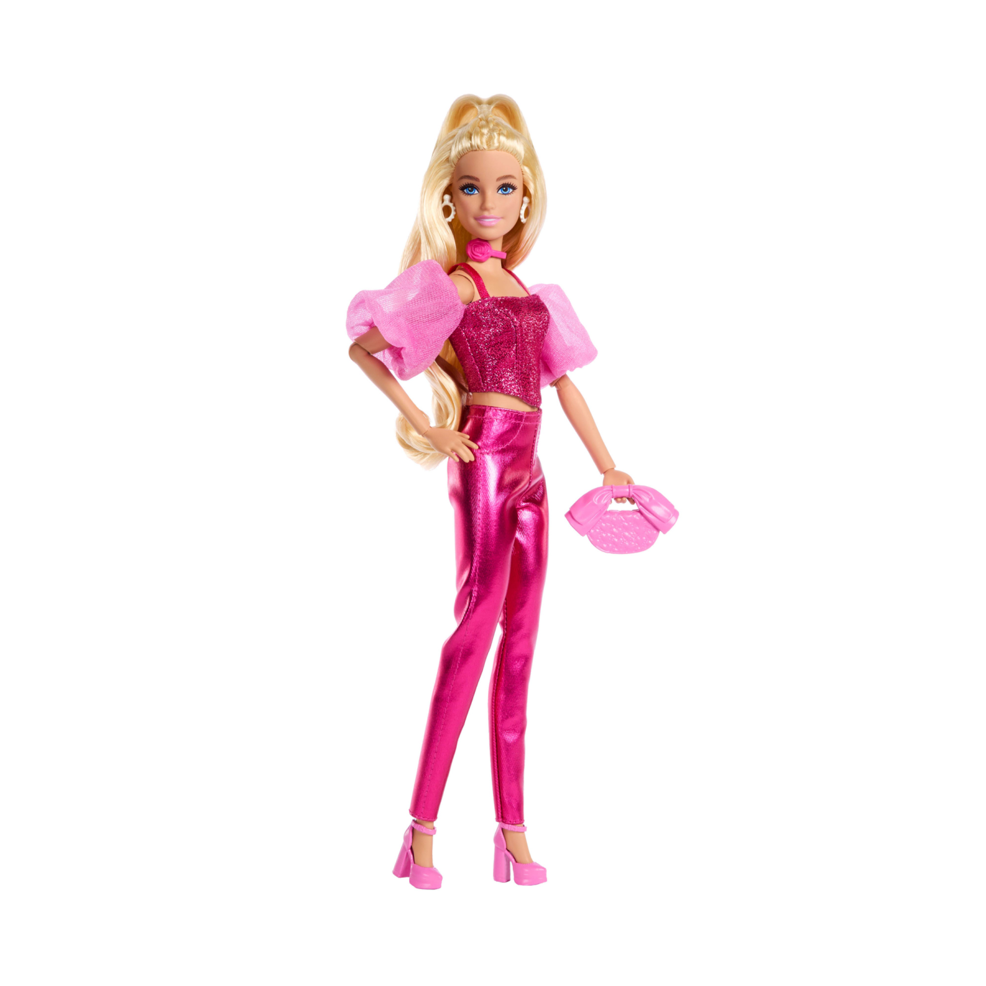 Barbie - deluxe style n. 5, bambola con abito rosa metallizzato e capelli biondi, top a corsetto scintillante e pantaloni lucidi - Barbie