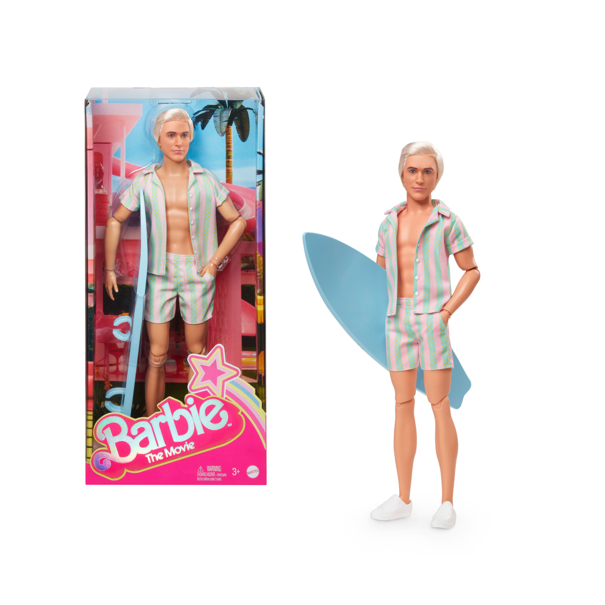 Barbie il film - ken giorno perfetto, bambola con completo da spiaggia a righe rosa e verde pastello, tavola da surf e sneakers - Barbie