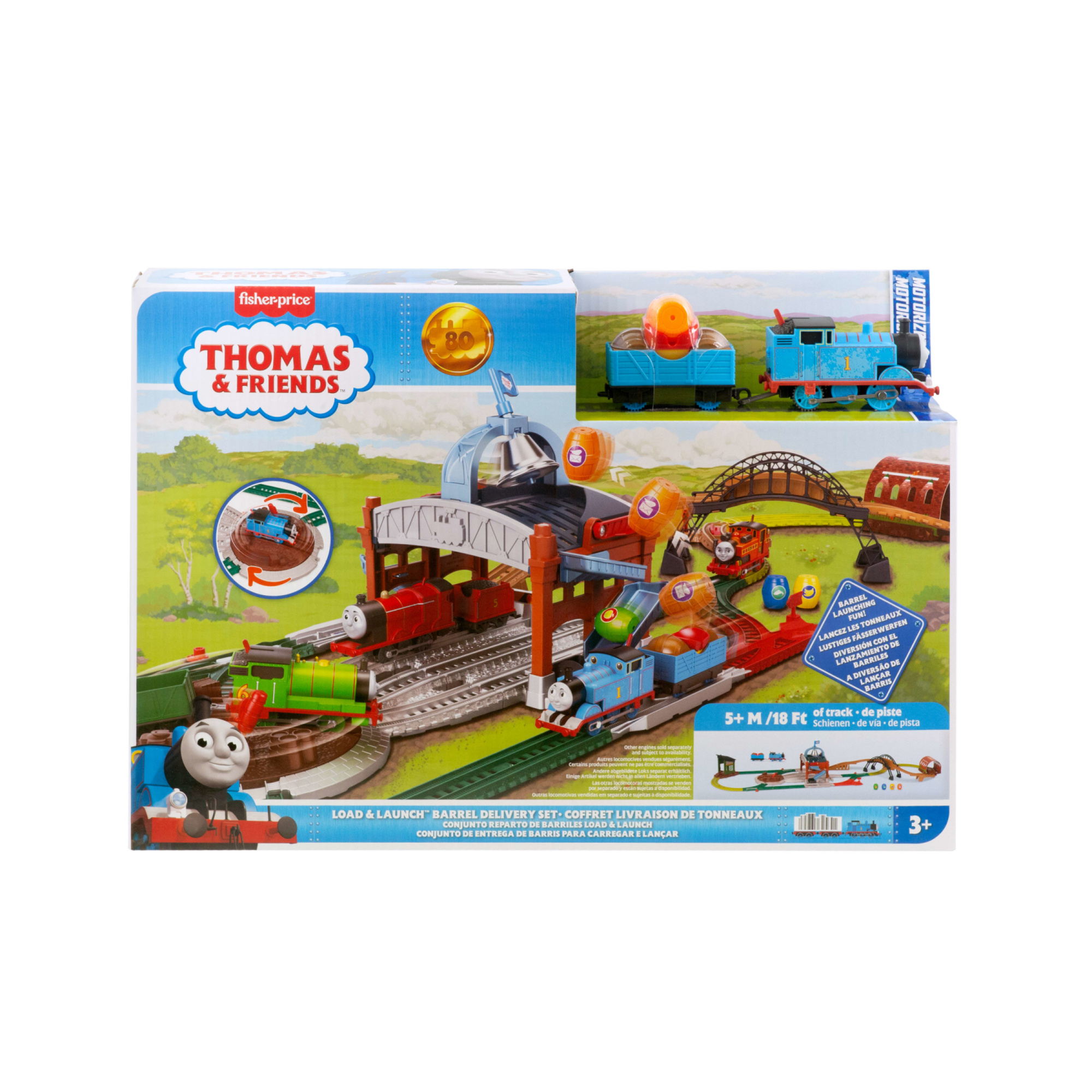 Il trenino thomas - centro di consegna barili, pista di 5 metri con locomotiva thomas motorizzata a pile, vagone merci e barili - THOMAS & FRIENDS