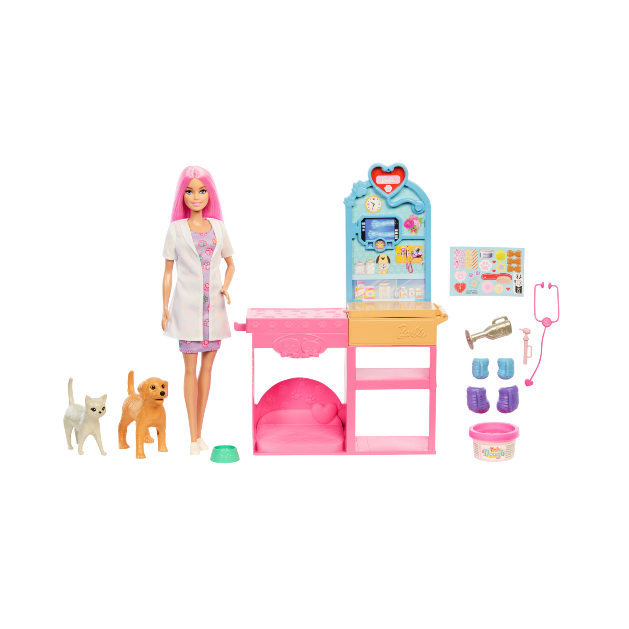 Barbie - clinica veterinaria di pronto soccorso, set con bambola, arredamento, pasta modellabile e 10 accessori - Barbie