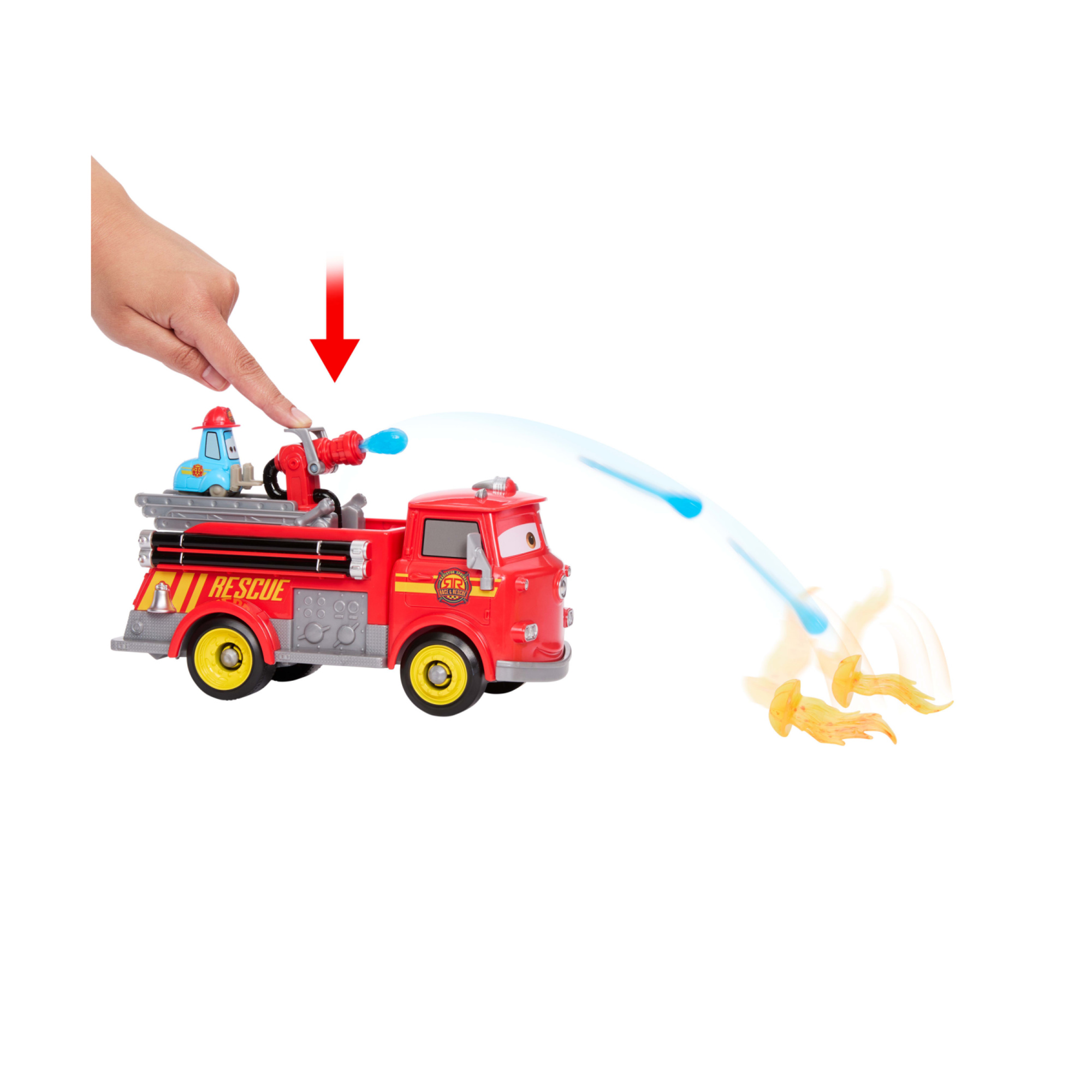 Mattel cars - sfreccia e soccorri red e guido pompieri, set con camion dei pompieri, 2 bersagli a forma di fiamma e 2 proiettili ad acqua - Cars