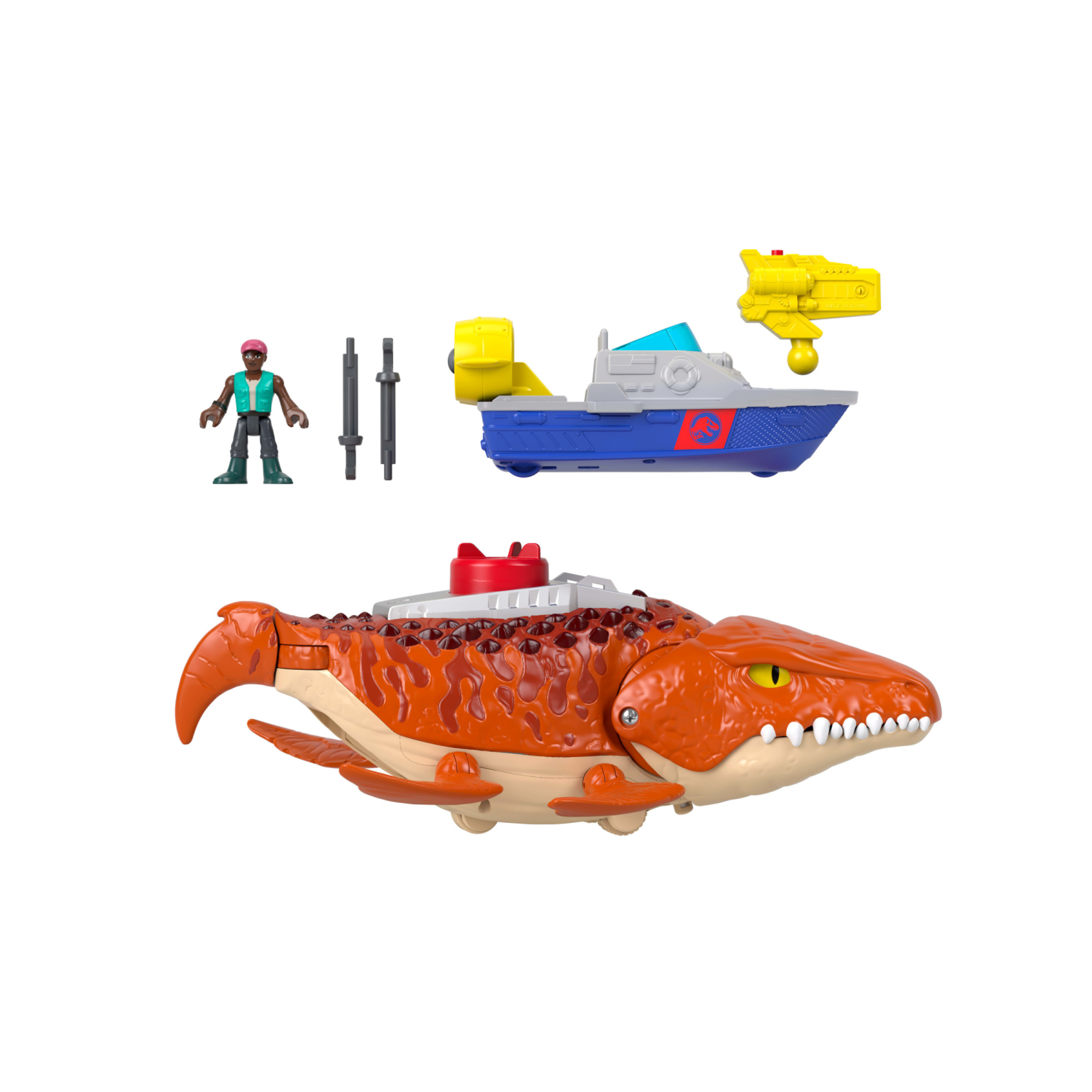 Imaginext jurassic world la rinascita - mosasauro acquatico, dinosauro e personaggio dal film, barca con lanciatore e proiettili - IMAGINEXT