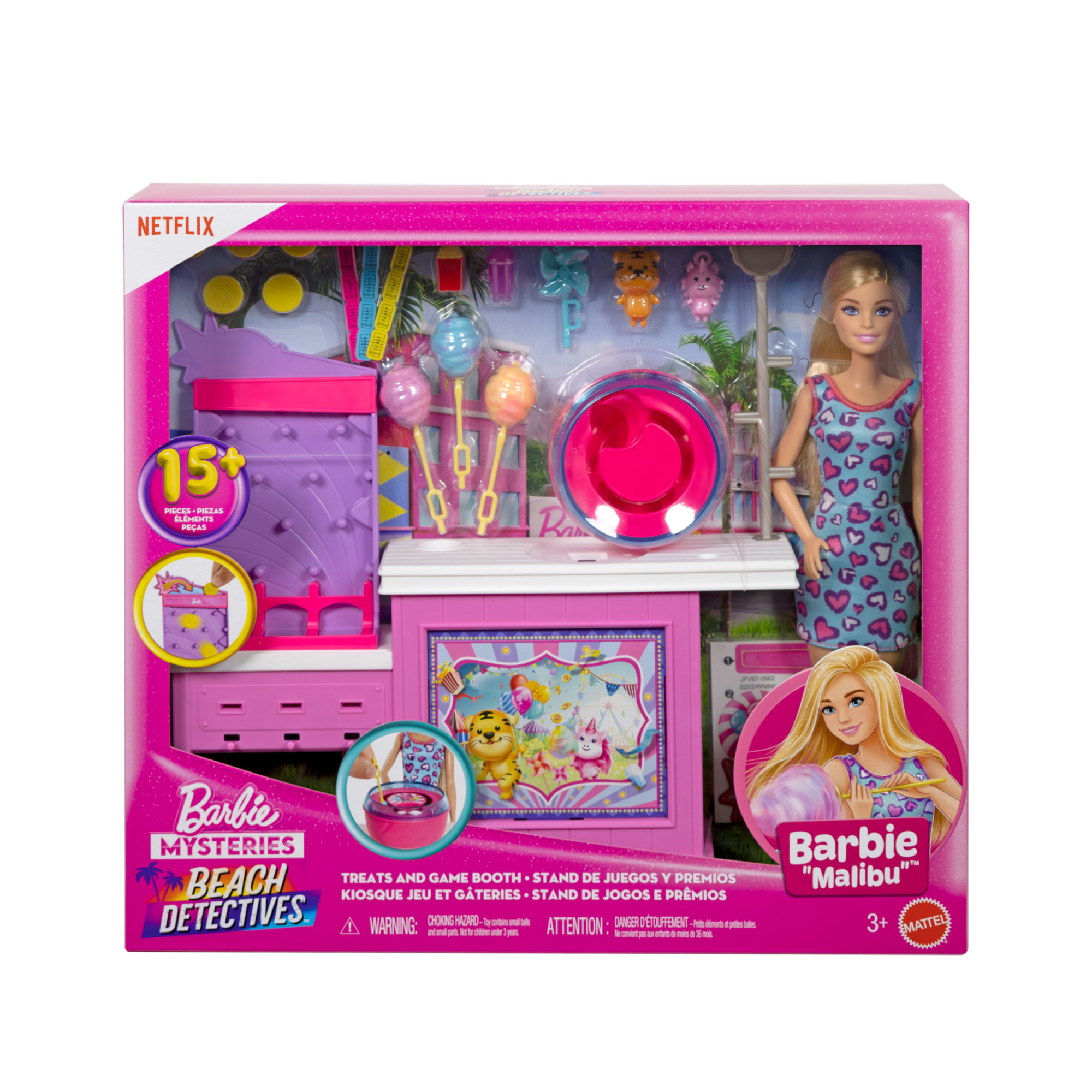 Barbie - chiosco dello zucchero filato, set con bambola e 20 accessori inclusi, ispirato alla serie barbie mysteries: beach detectives - Barbie