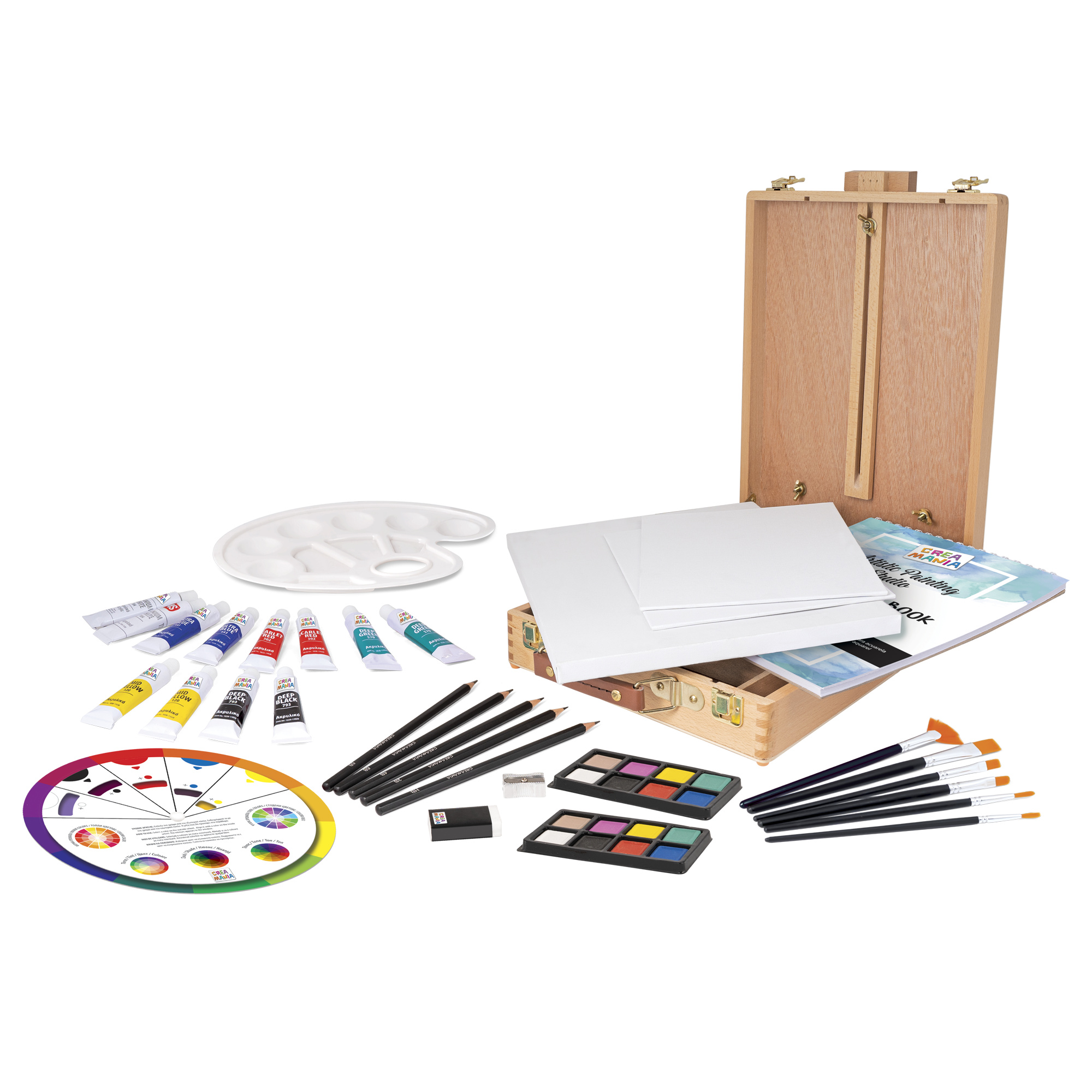 Set d’arte 2-in-1 con valigetta e cavalletto - pennelli e colori inclusi - 