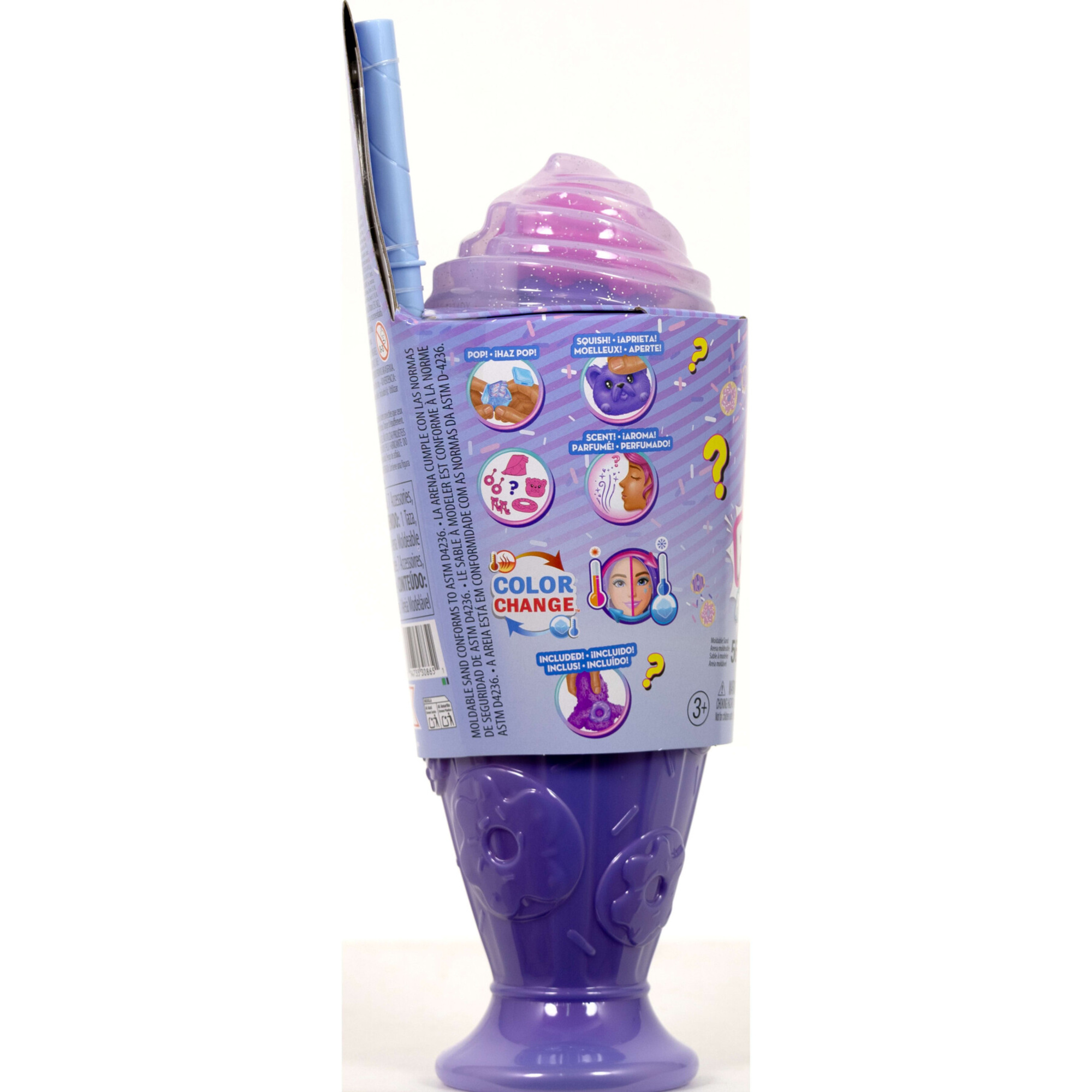 Barbie - donut dreams pop reveal serie dolcetti, bambola viola con cucciolo e 8 sorprese con effetto cambia colore - Barbie