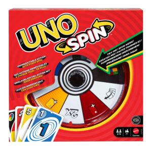 Mattel games - uno spin, versione dell'iconico gioco con spinner e nuove regole, carte speciali per girare la ruota con diversi comandi - UNO