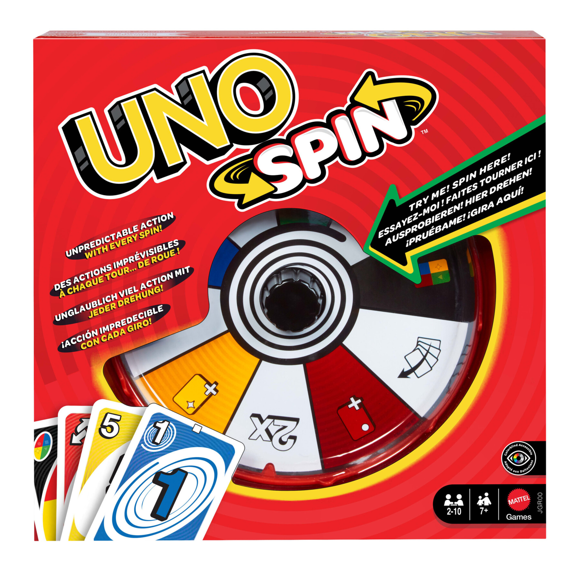 Mattel games - uno spin, versione dell'iconico gioco con spinner e nuove regole, carte speciali per girare la ruota con diversi comandi - UNO