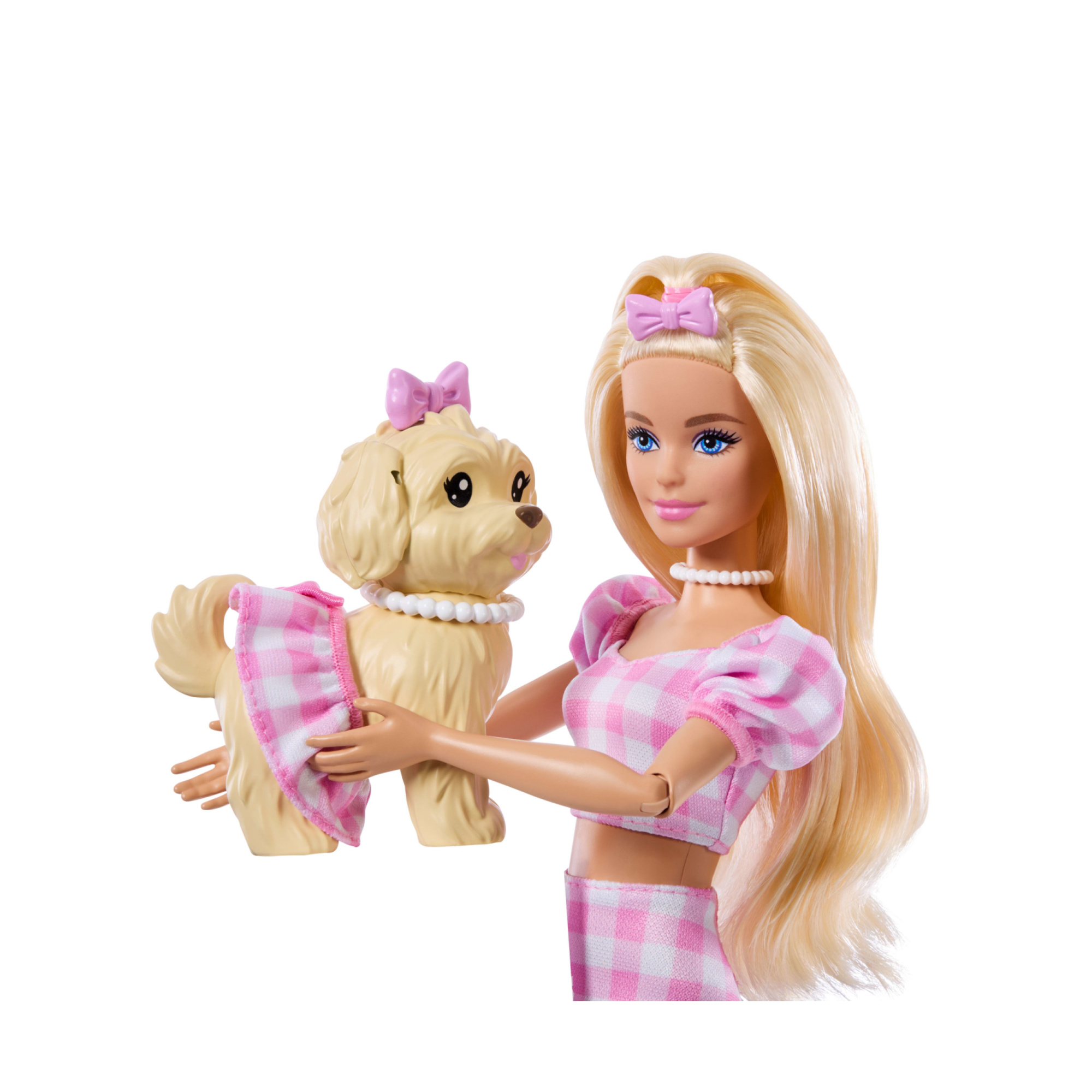 Barbie - cuccioli a passeggio pois rosa, bambola bionda e cagnolino in abiti rosa a quadretti con accessori inclusi - Barbie