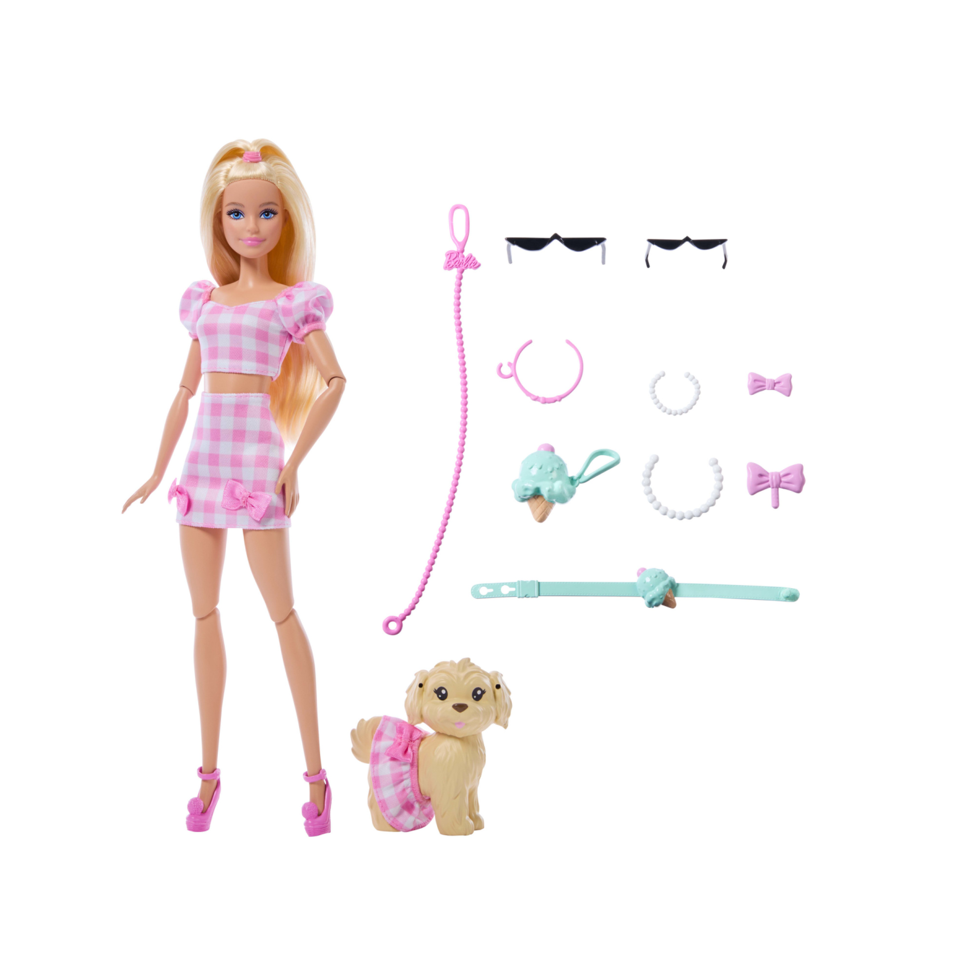 Barbie - cuccioli a passeggio pois rosa, bambola bionda e cagnolino in abiti rosa a quadretti con accessori inclusi - Barbie