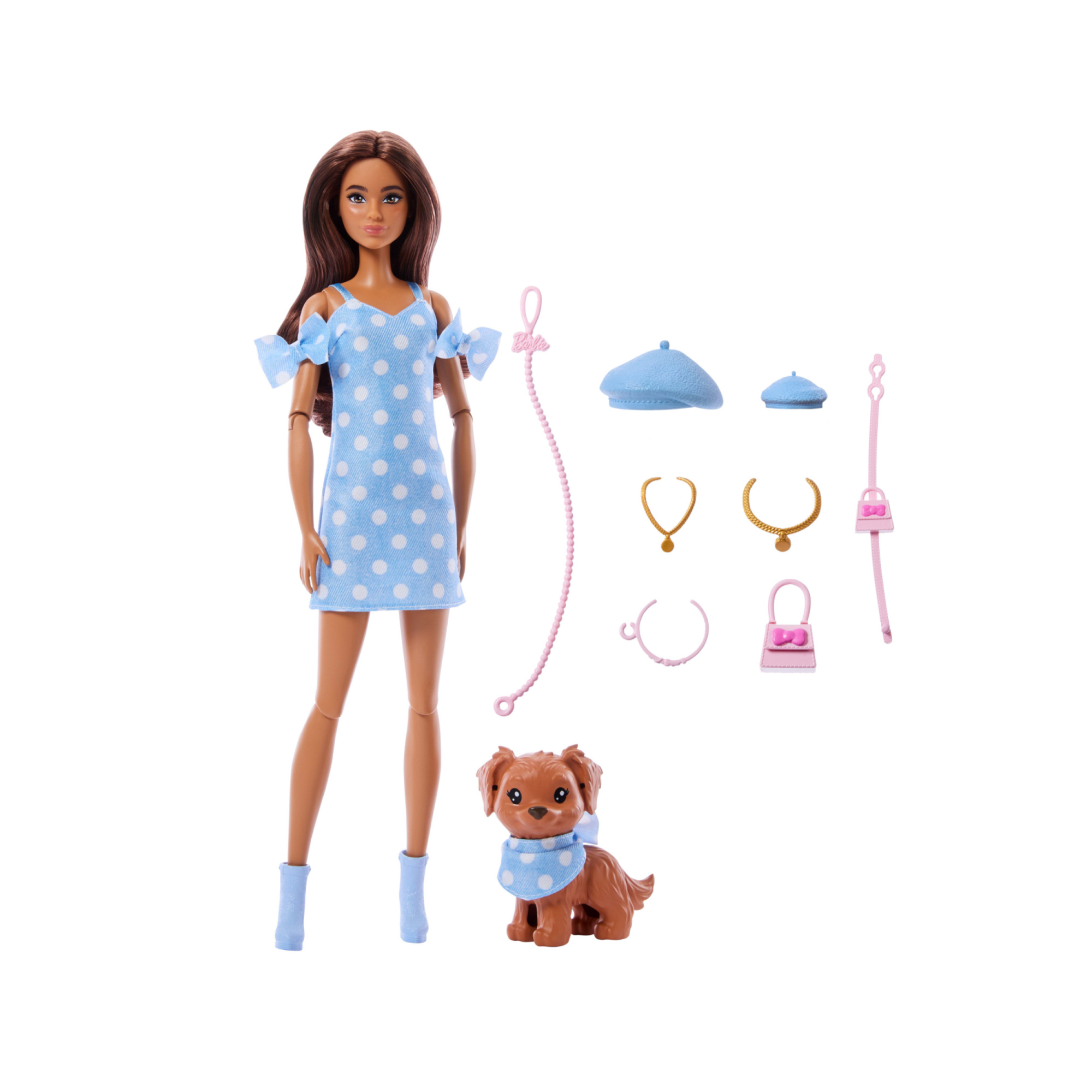 Barbie - cuccioli a passeggio quadretti azzurri, bambola castana e cagnolino in abiti a quadretti con accessori inclusi - Barbie