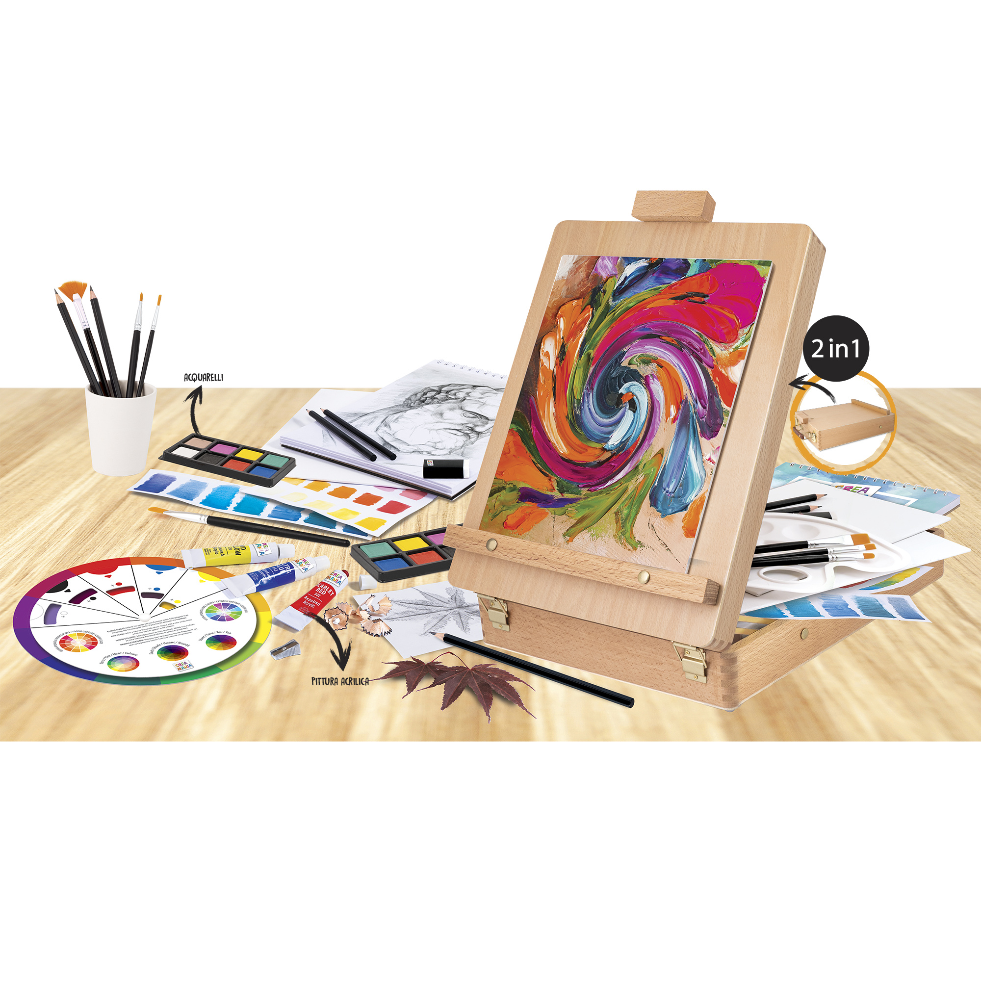 Set d’arte 2-in-1 con valigetta e cavalletto - pennelli e colori inclusi - 