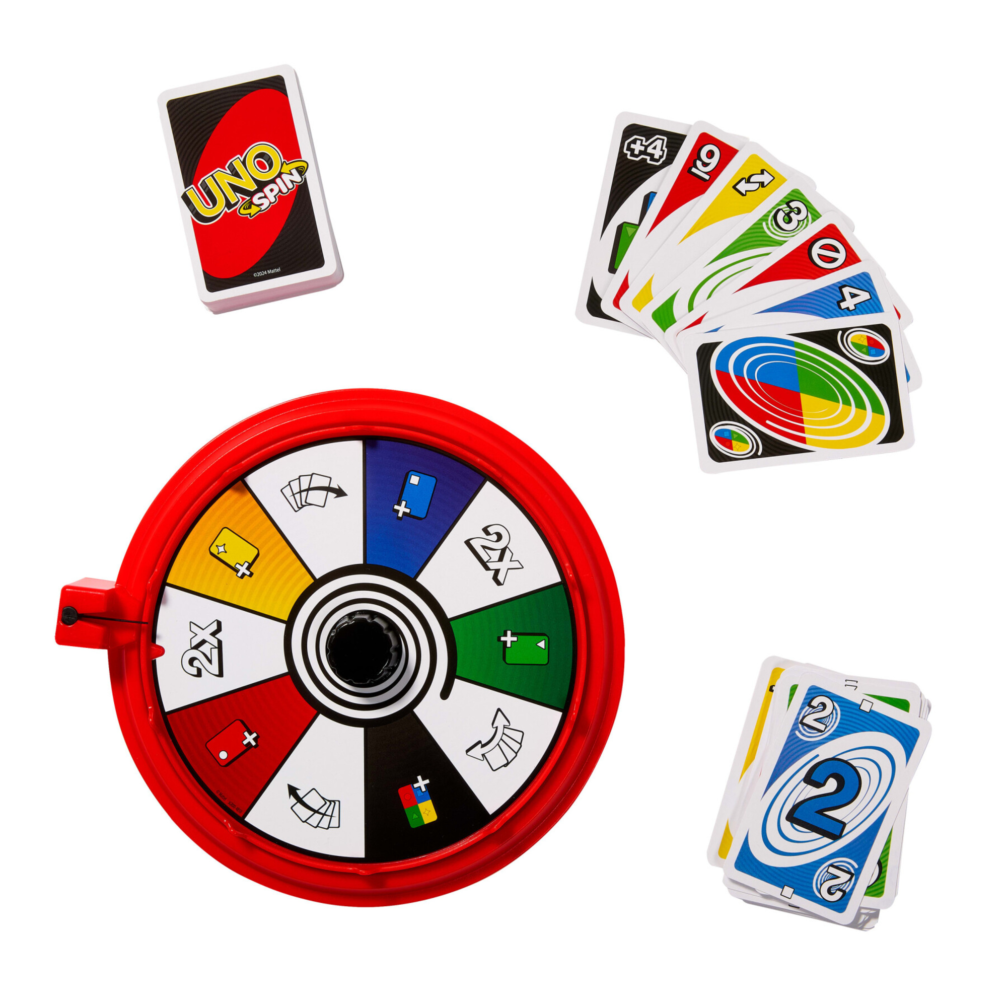 Mattel games - uno spin, versione dell'iconico gioco con spinner e nuove regole, carte speciali per girare la ruota con diversi comandi - UNO