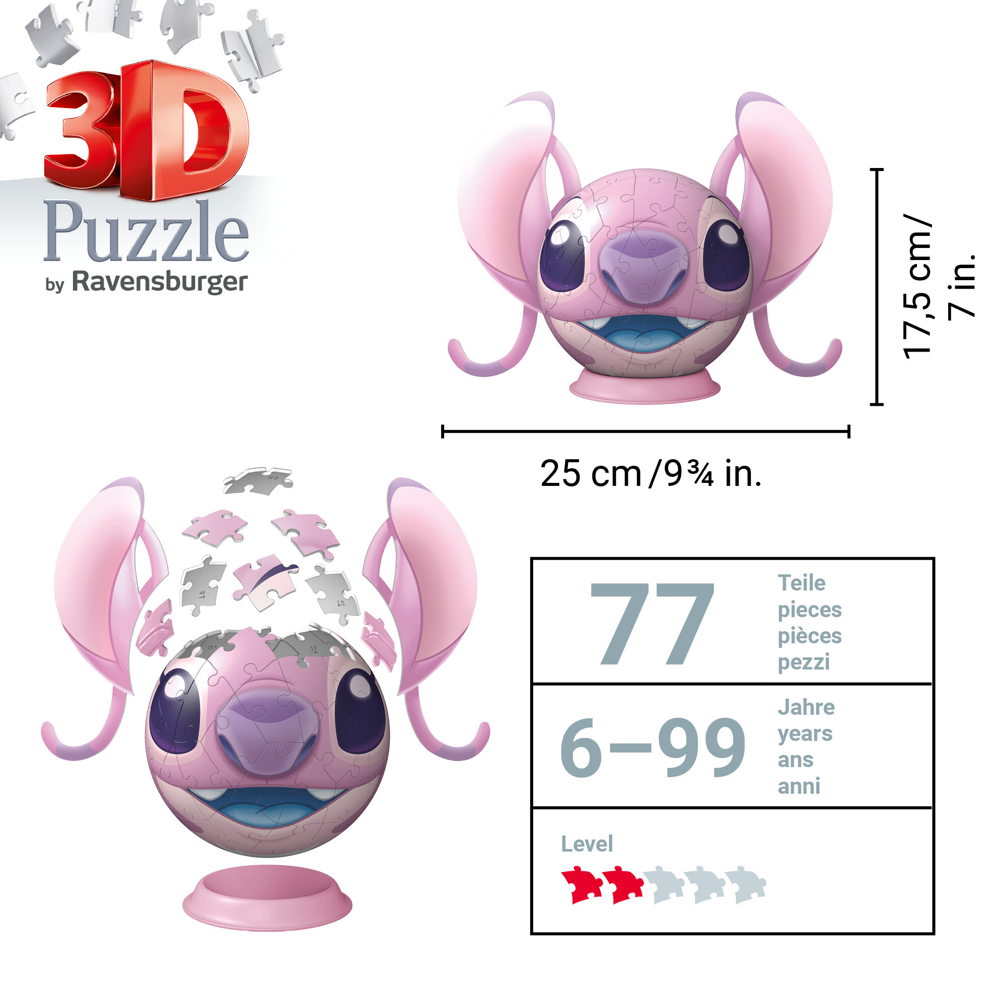 Ravensburger - 3d puzzle disney angel con le orecchie, 72 pezzi, 6+ anni - Disney Stitch