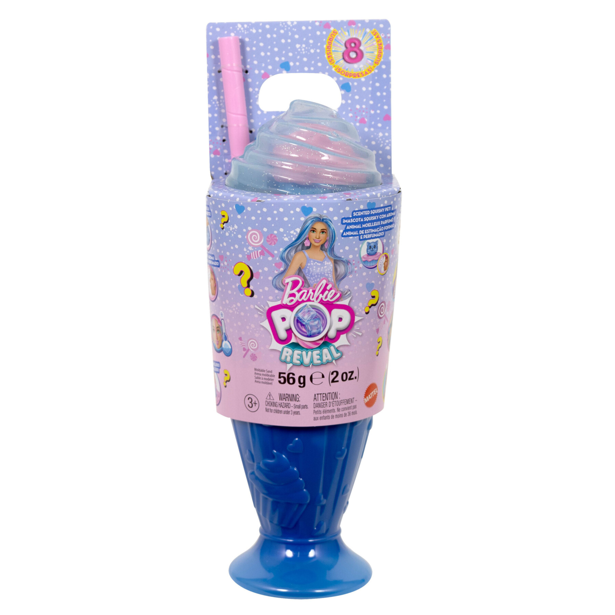 Barbie - cool cupcake pop reveal serie dolcetti, bambola blu con cucciolo e 8 sorprese con effetto cambia colore - Barbie