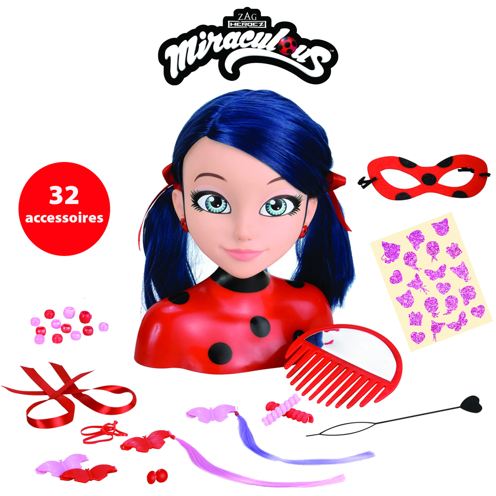 Miraculous ladybug - testa da pettinare deluxe marinette 21cm + accessori - MIRACULOUS, BANDAI