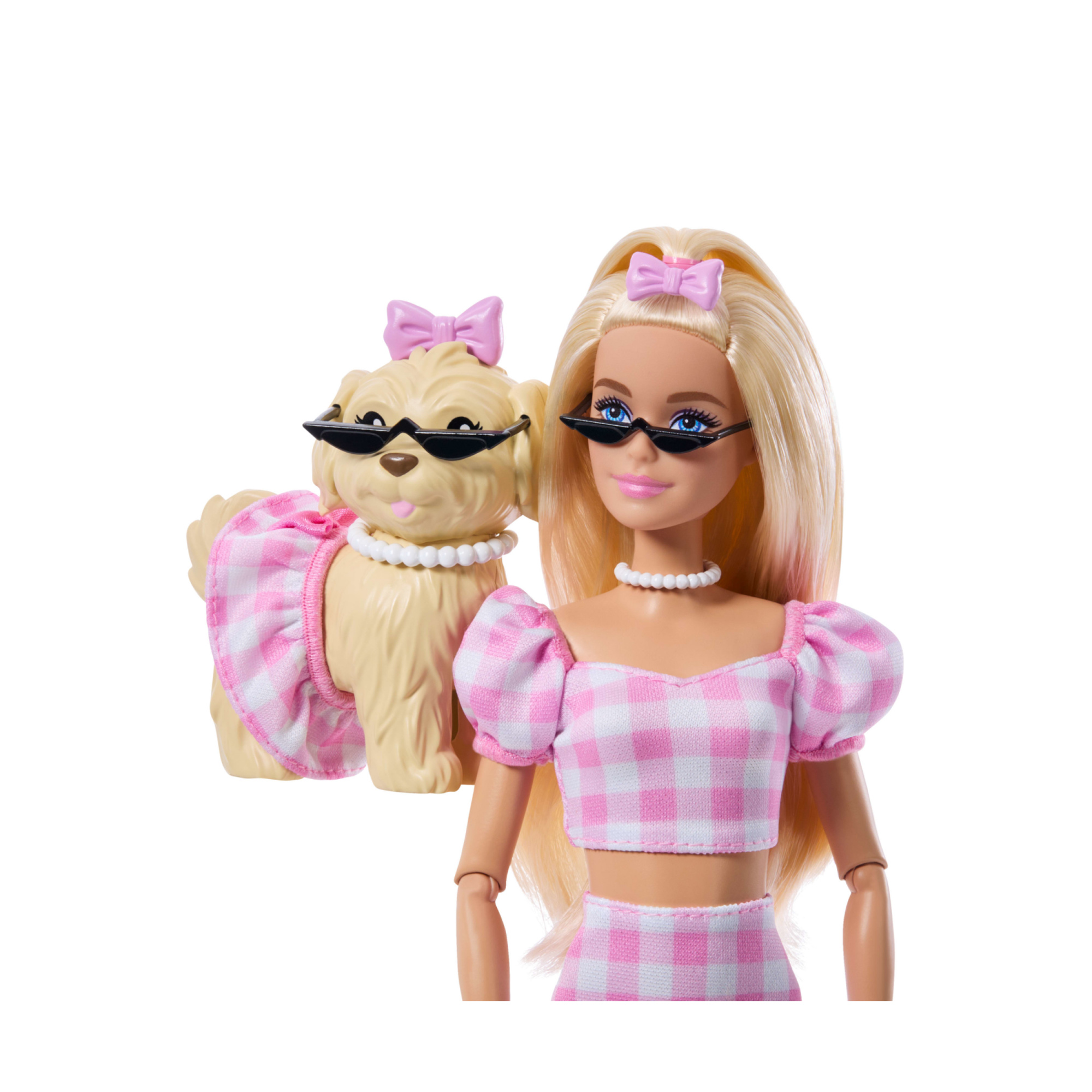 Barbie - cuccioli a passeggio pois rosa, bambola bionda e cagnolino in abiti rosa a quadretti con accessori inclusi - Barbie