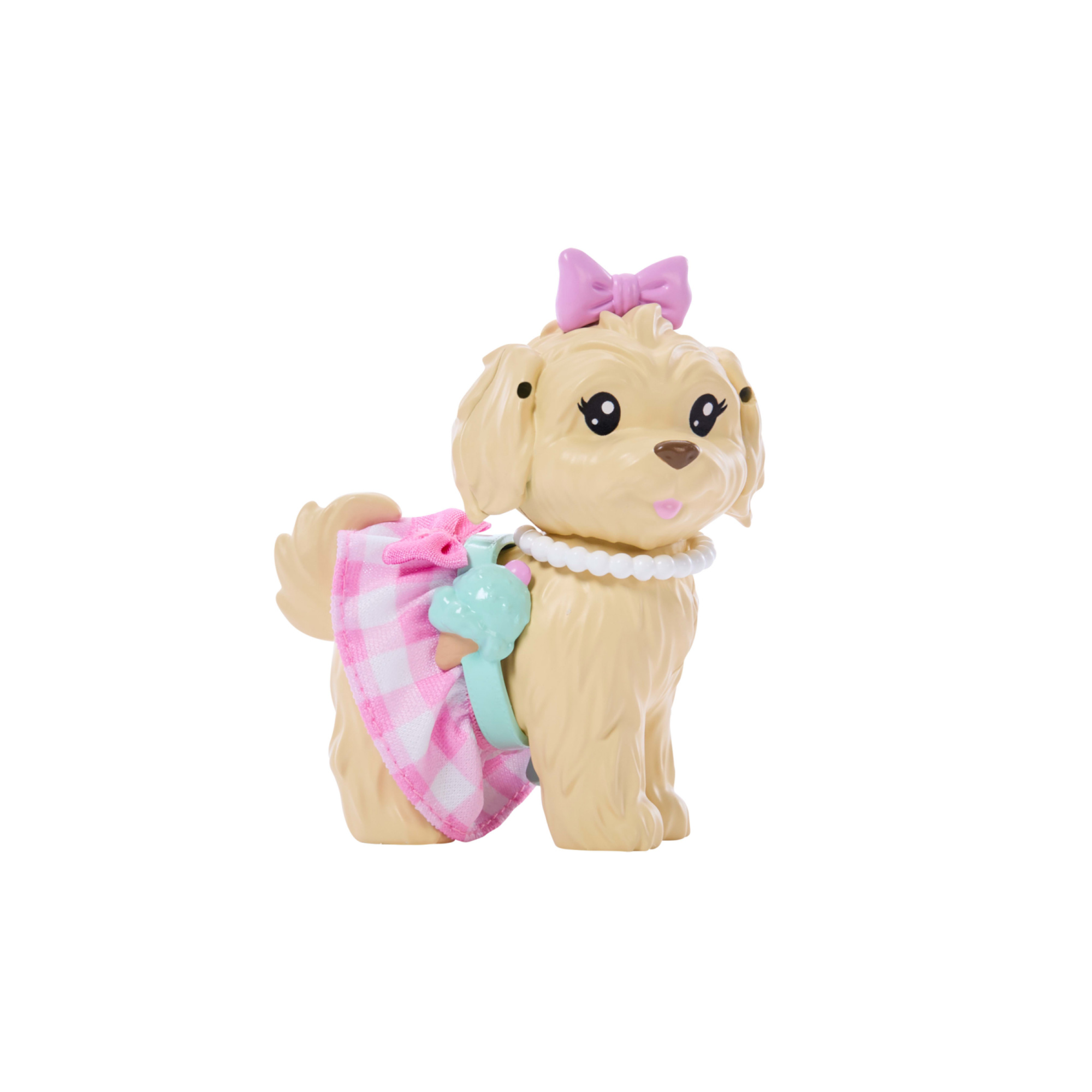 Barbie - cuccioli a passeggio pois rosa, bambola bionda e cagnolino in abiti rosa a quadretti con accessori inclusi - Barbie