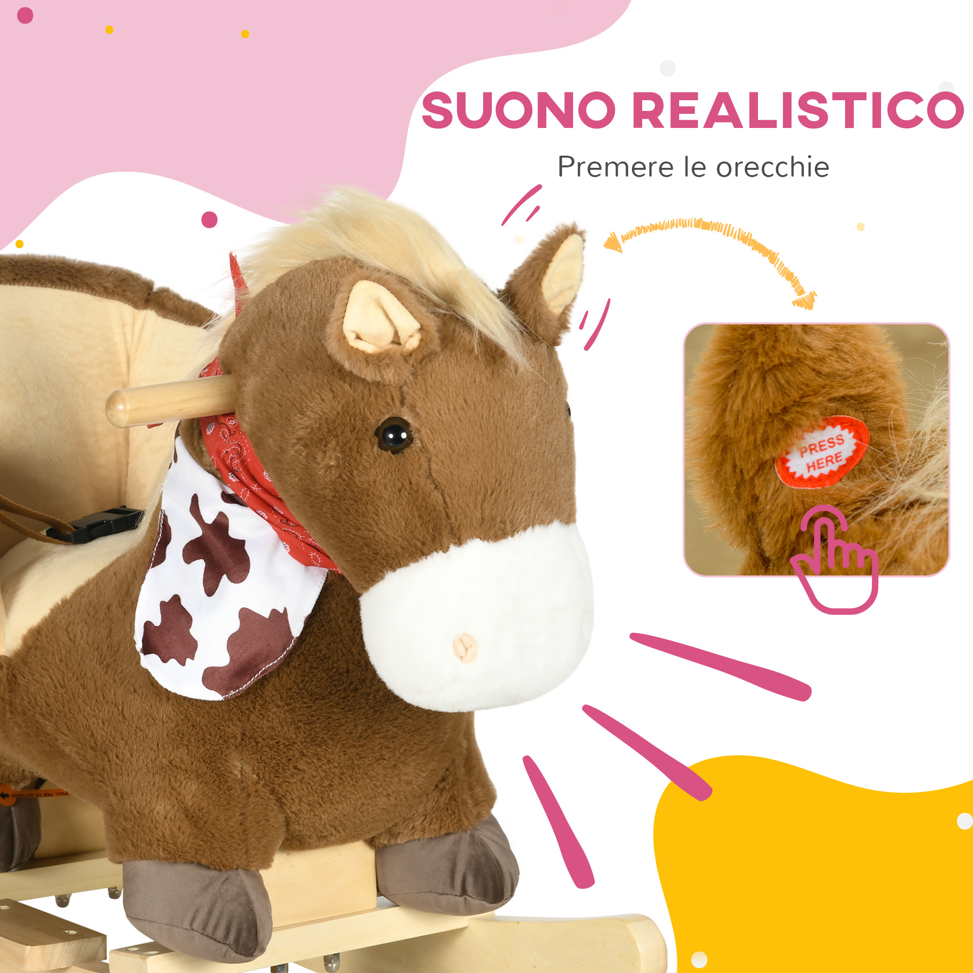 Cavallo a dondolo per bambini da 18-36 mesi con suoni realistici, 60x33x50 cm, marrone e color legno - 