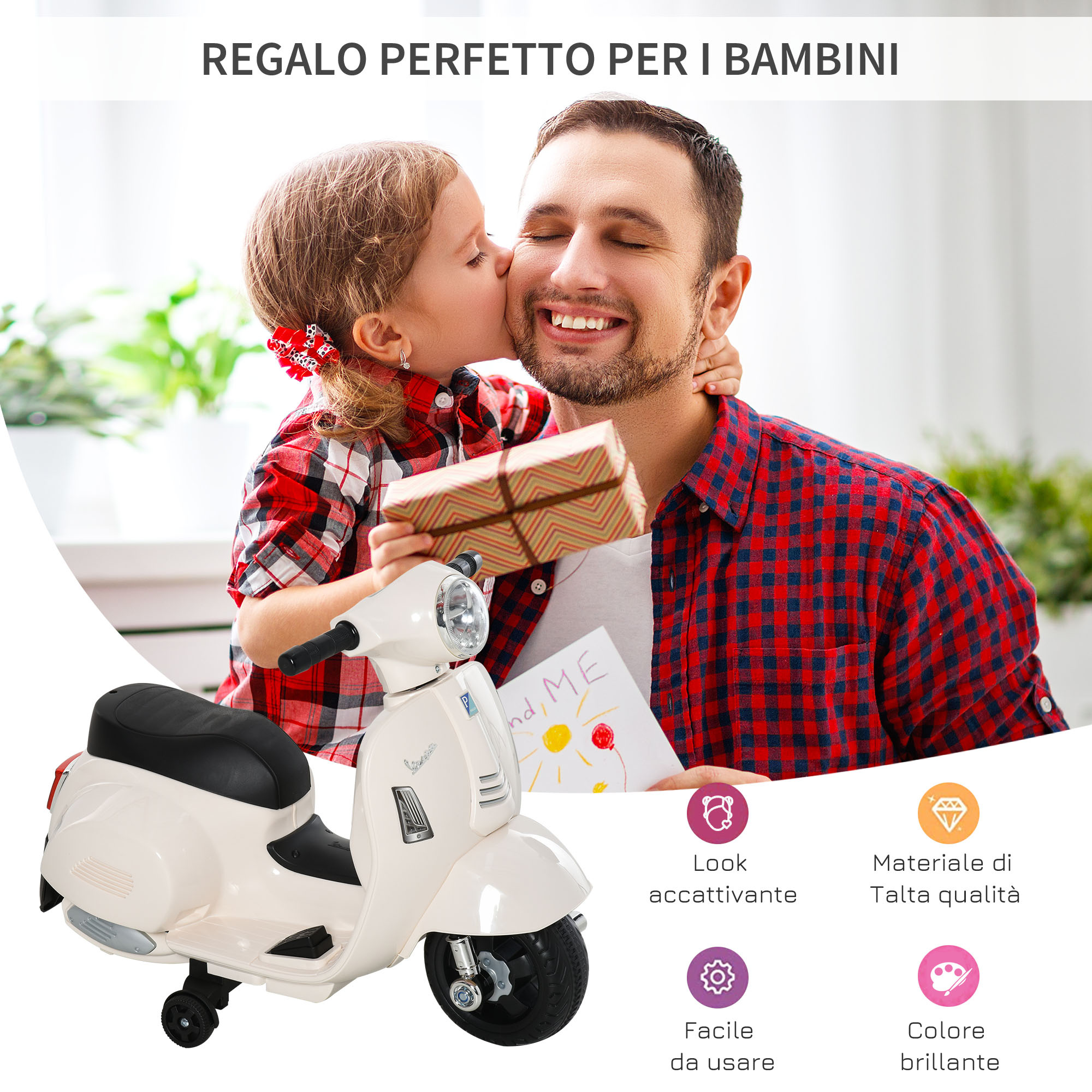 Moto elettrica per bambini con licenza ufficiale vespa batteria 6v, fari e clacson, per bimbi da 18-36 mesi, bianco, 66.5x38x52cm - 