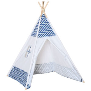 Tenda indiana per bambini teepee in tessuto e legno con finestra, età 3-6 anni, 120x120x155cm, bianco e blu - 