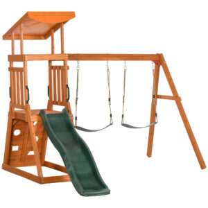 Set con scivolo, 2 altalene da giardino e parete da arrampicata in legno per bambini età 3-8 anni - 