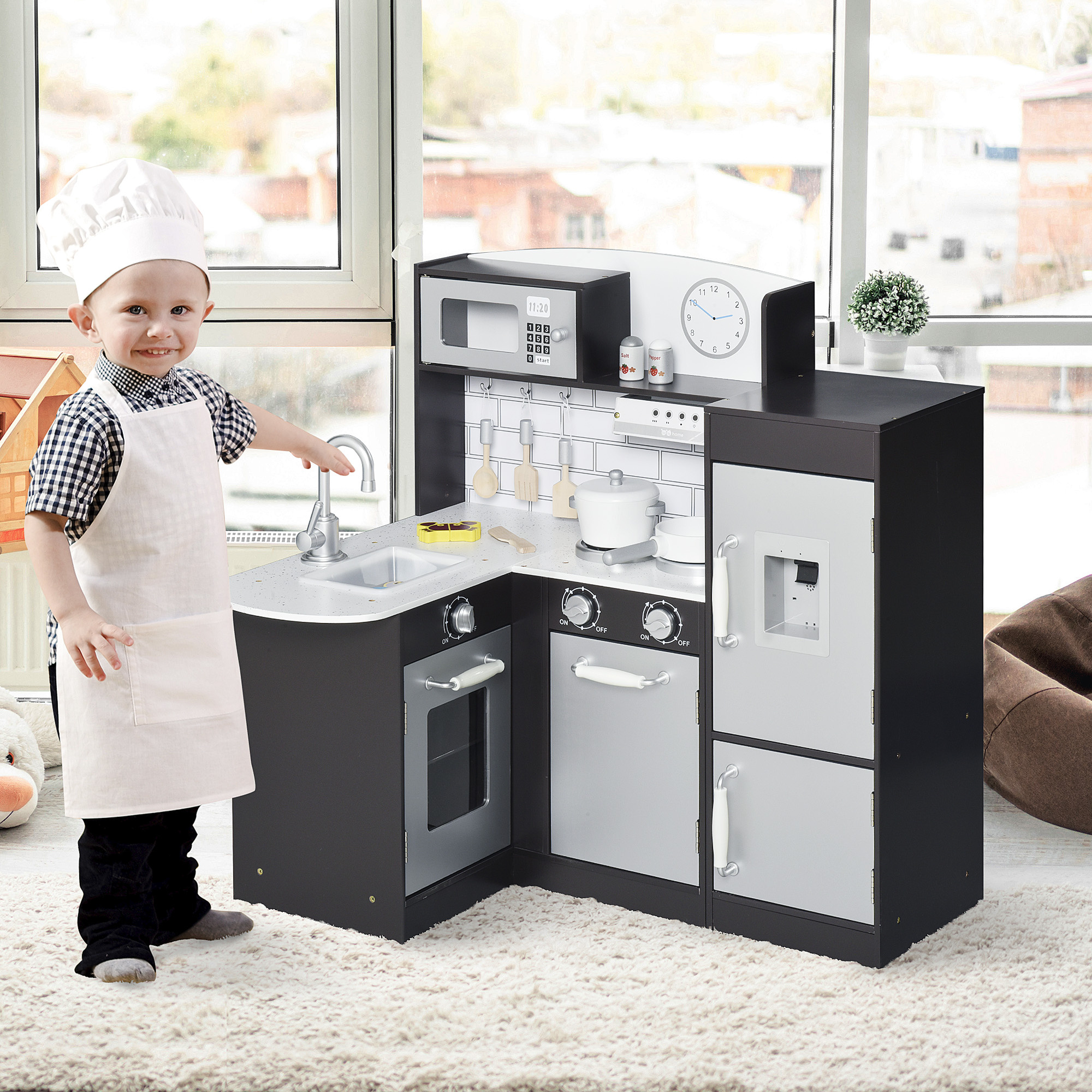 Cucina giocattolo per bambini in legno con 14 accessori, forno, lavandino, frigo e microonde, età 3+ anni, 86x64x84.5cm, argento e marrone - 