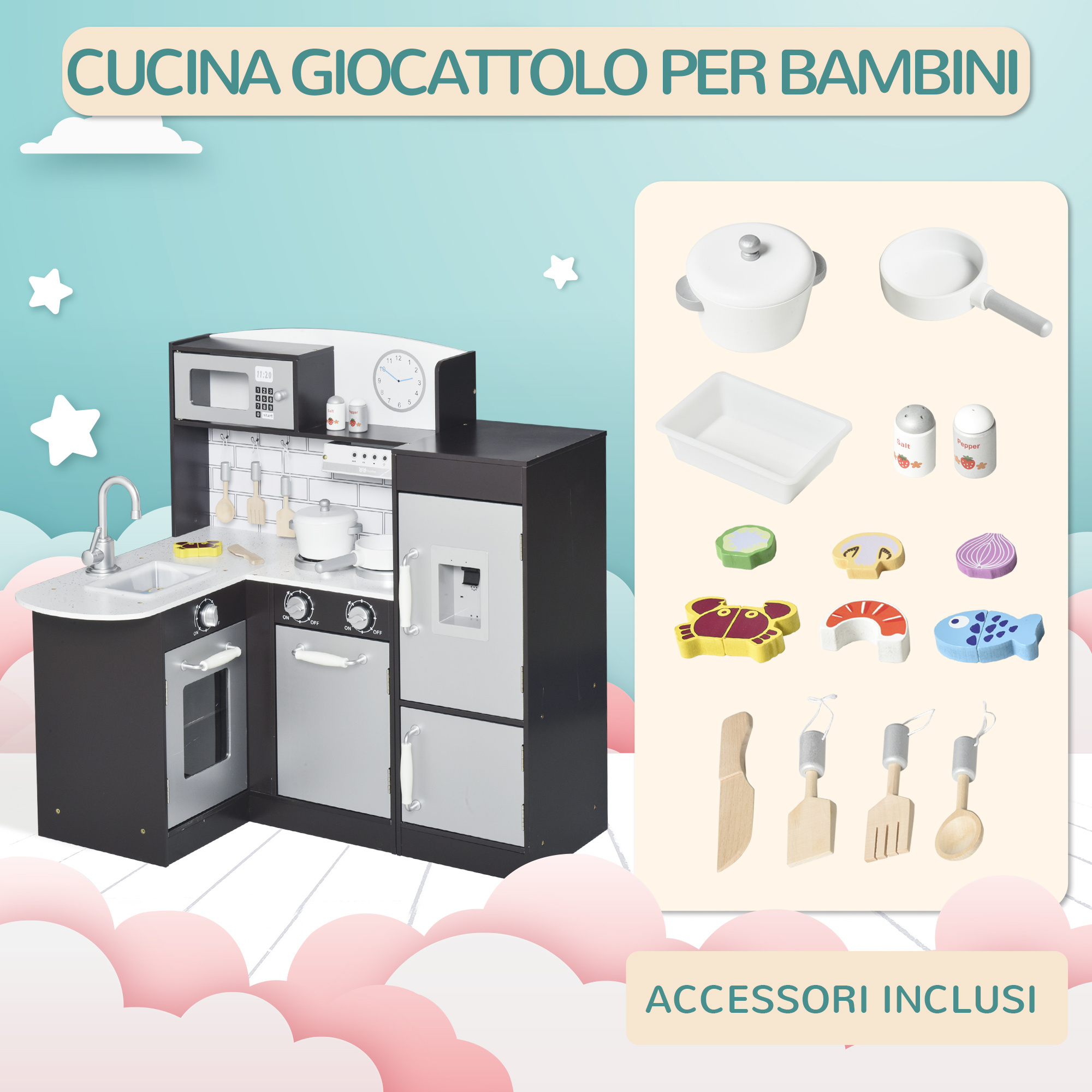 Cucina giocattolo per bambini in legno con 14 accessori, forno, lavandino, frigo e microonde, età 3+ anni, 86x64x84.5cm, argento e marrone - 