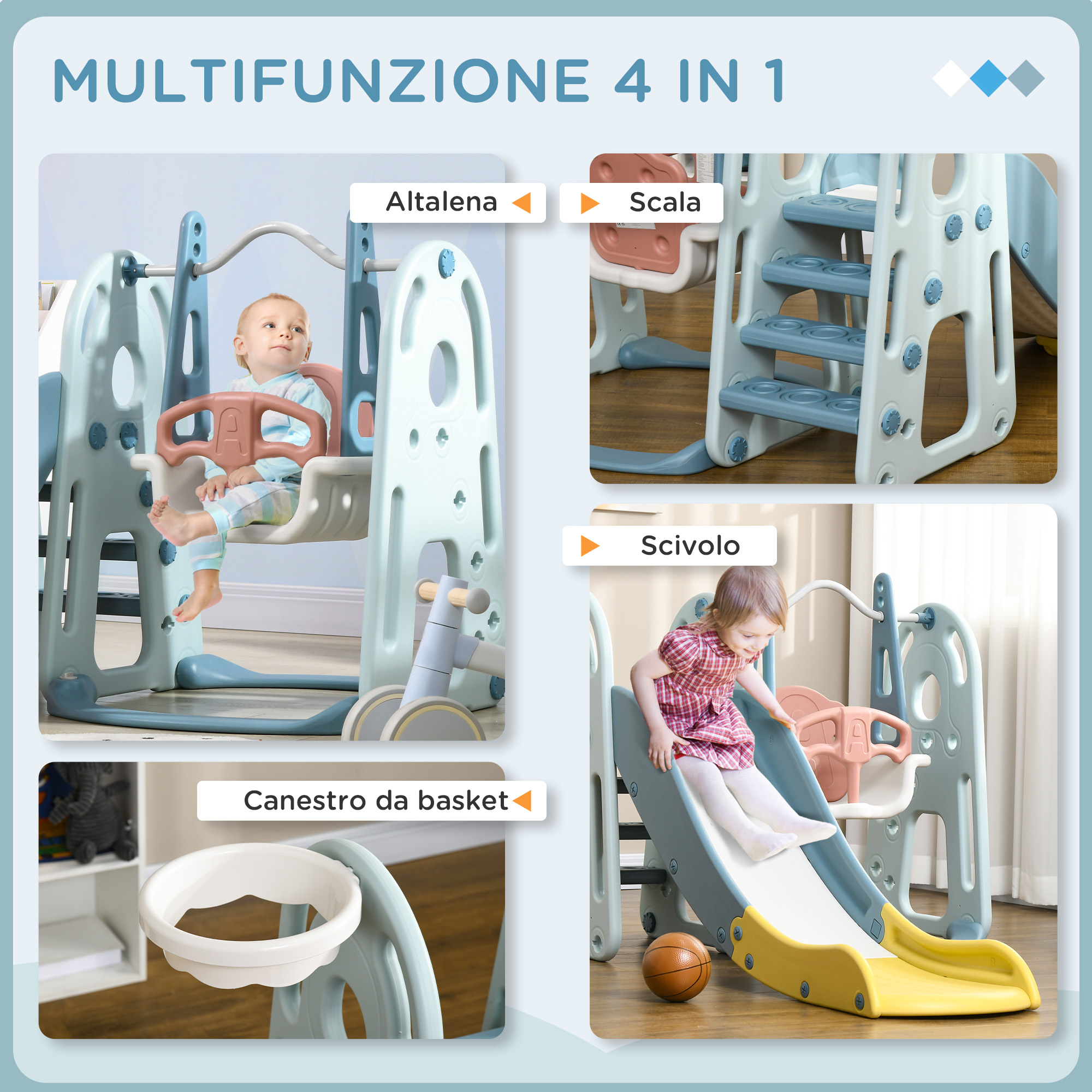 Set da gioco 5 anni max con altalena per bambini, scivolo per bambini, canestro basket e scaletta, in hdpe e pp - 