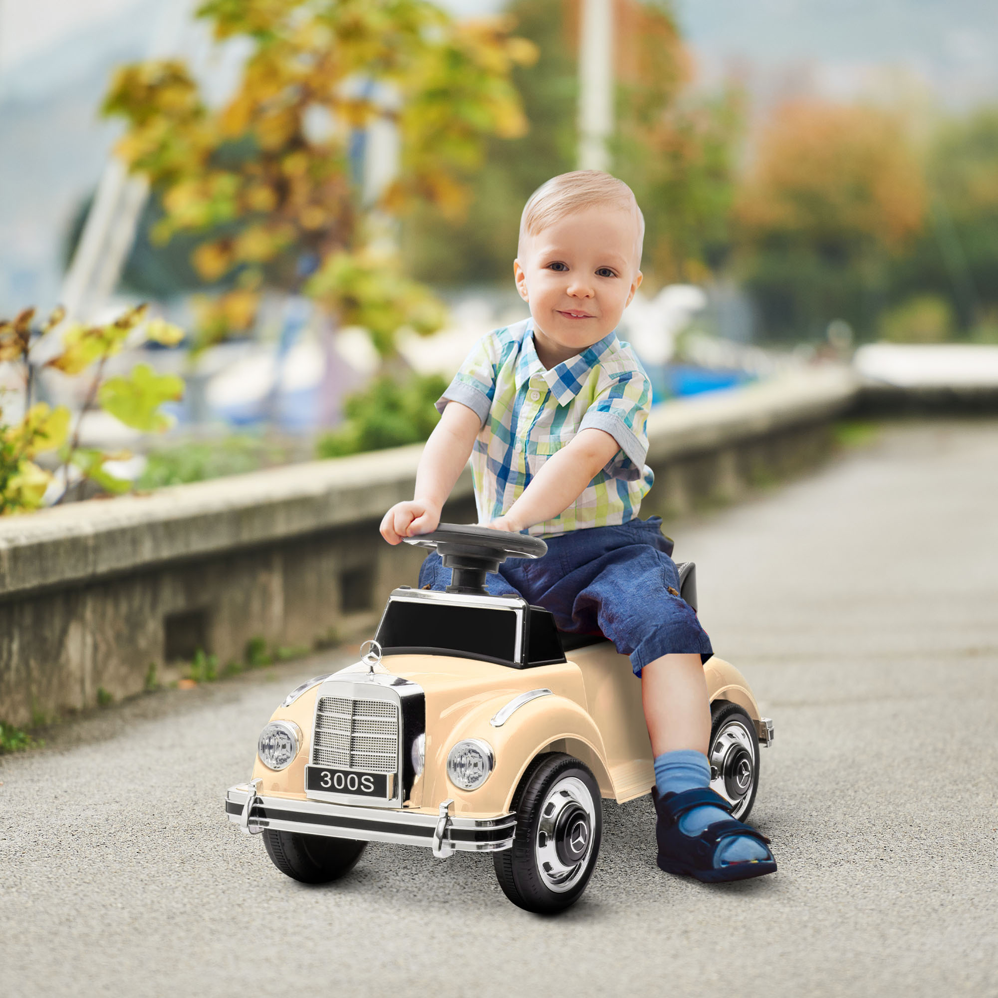 Macchina elettrica per bambini 18-48 mesi licenza mercedes-benz con musica, beige - 