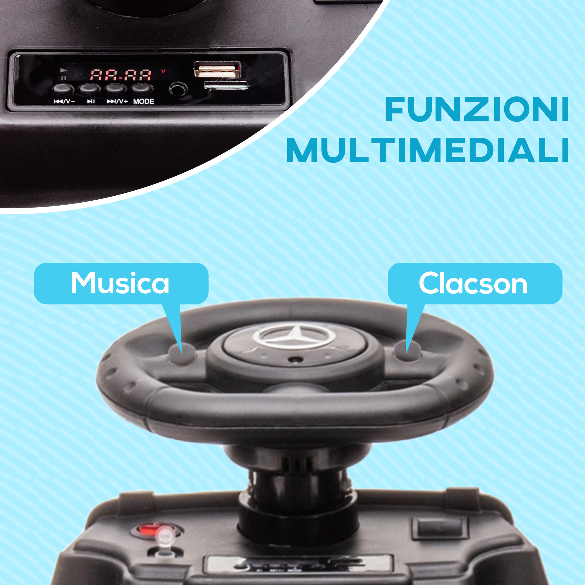 Macchina elettrica per bambini 18-48 mesi licenza mercedes-benz con musica, beige - 