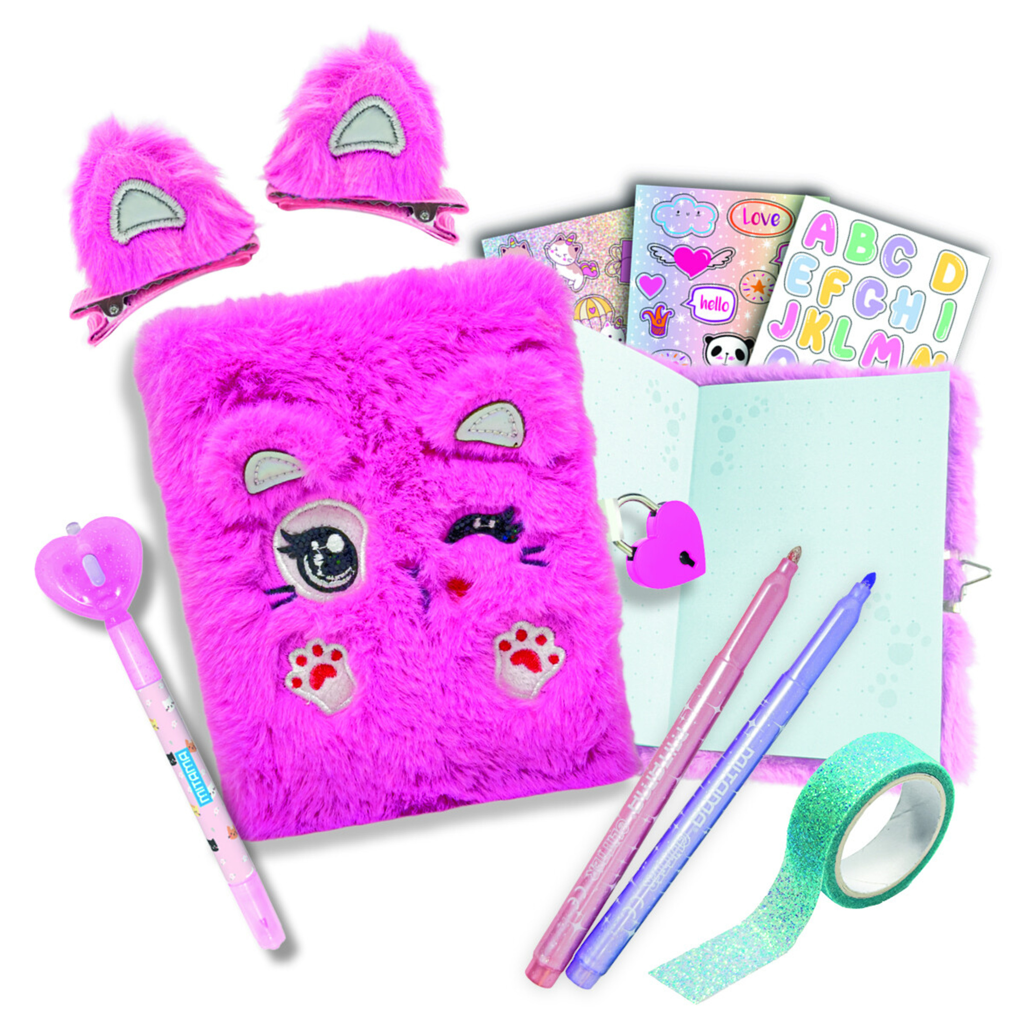 My kaiwaii secret diary gatto, diario segreto, secret pen, 2 clip, 2 pennarelli glitter - MITAMA