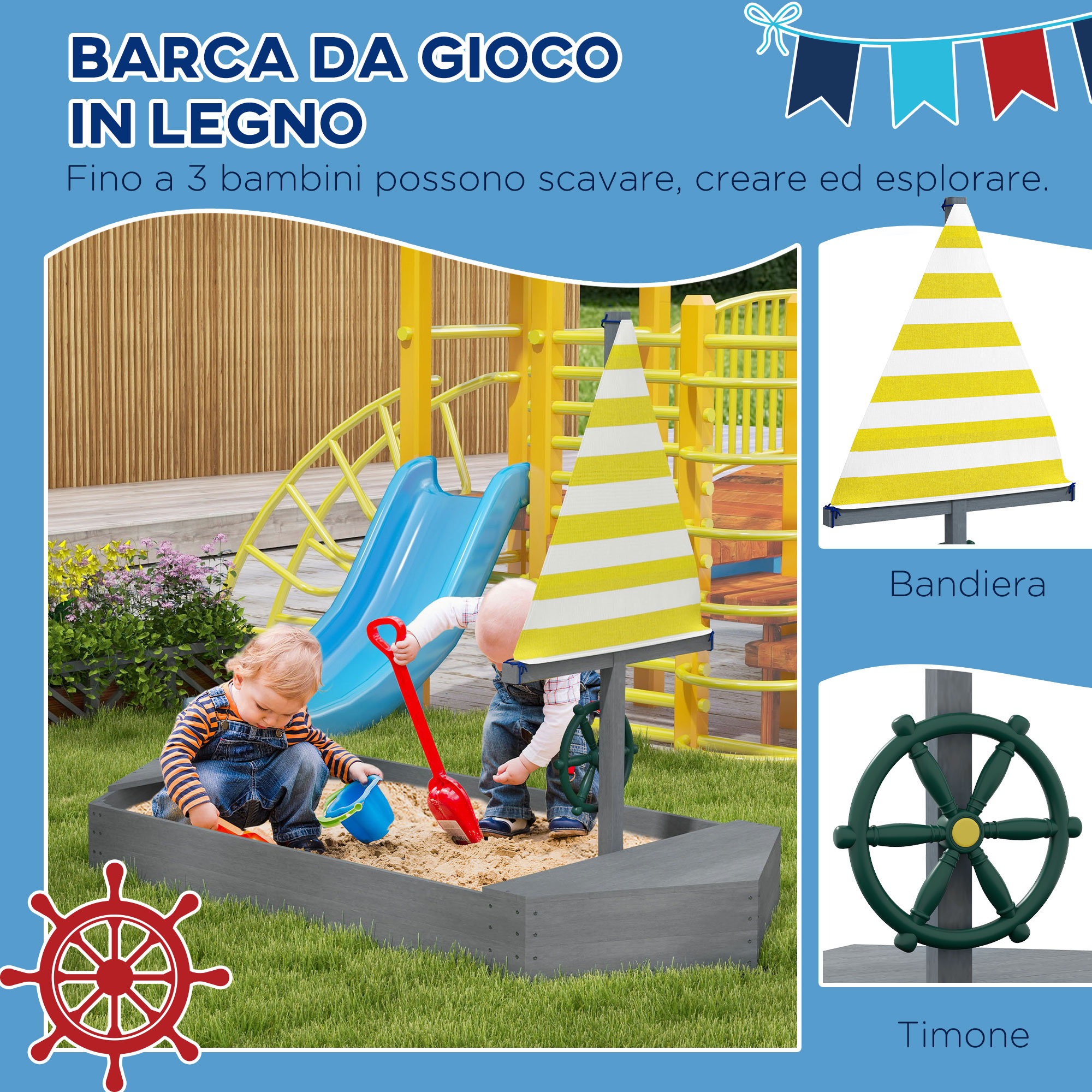 Sabbiera per bambini 3-8 anni a forma di barca, in legno di abete e poliestere, 190x90x138 cm - 