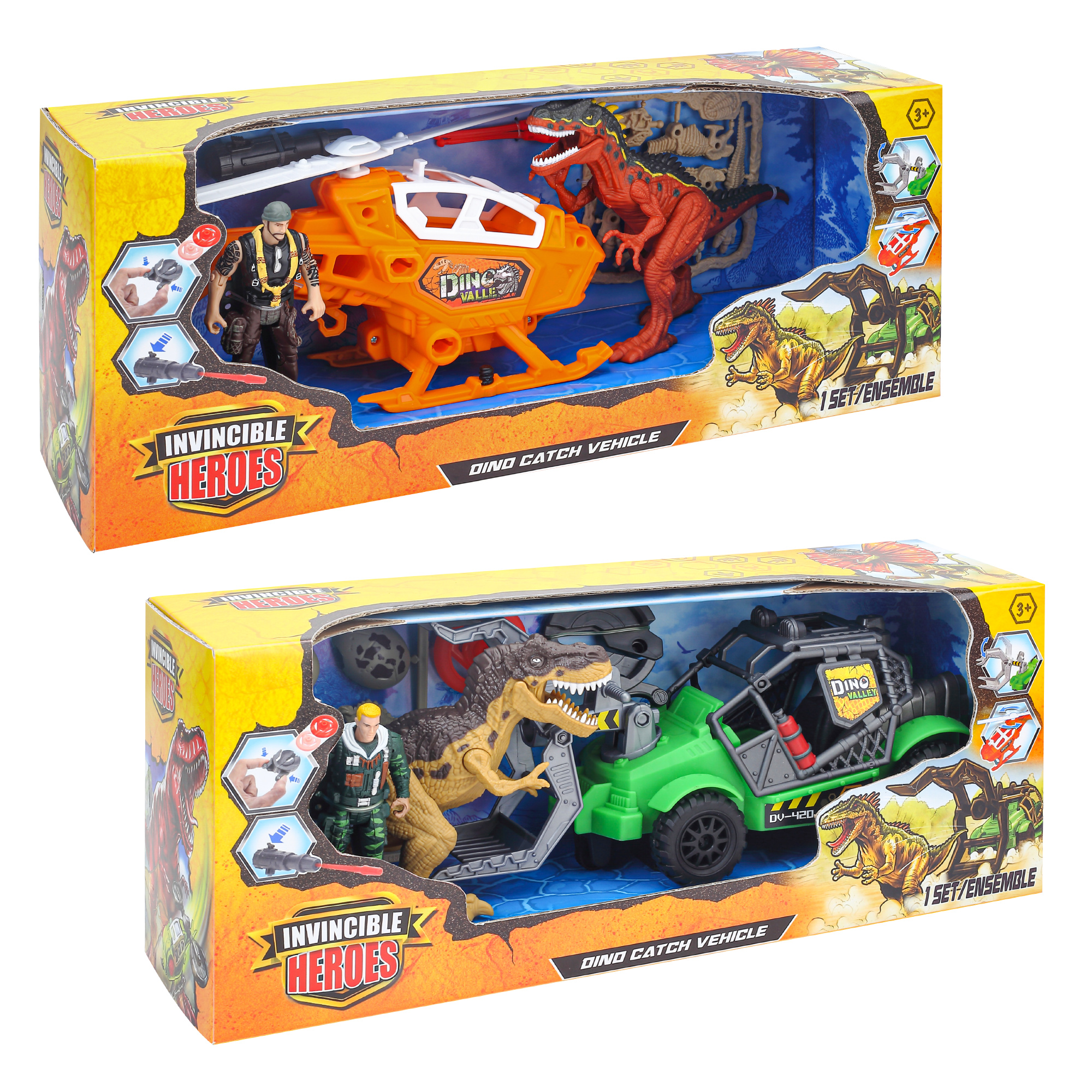 Dino valley – set assortito cattura dinosauro con veicoli e figure - INVINCIBLE HEROS