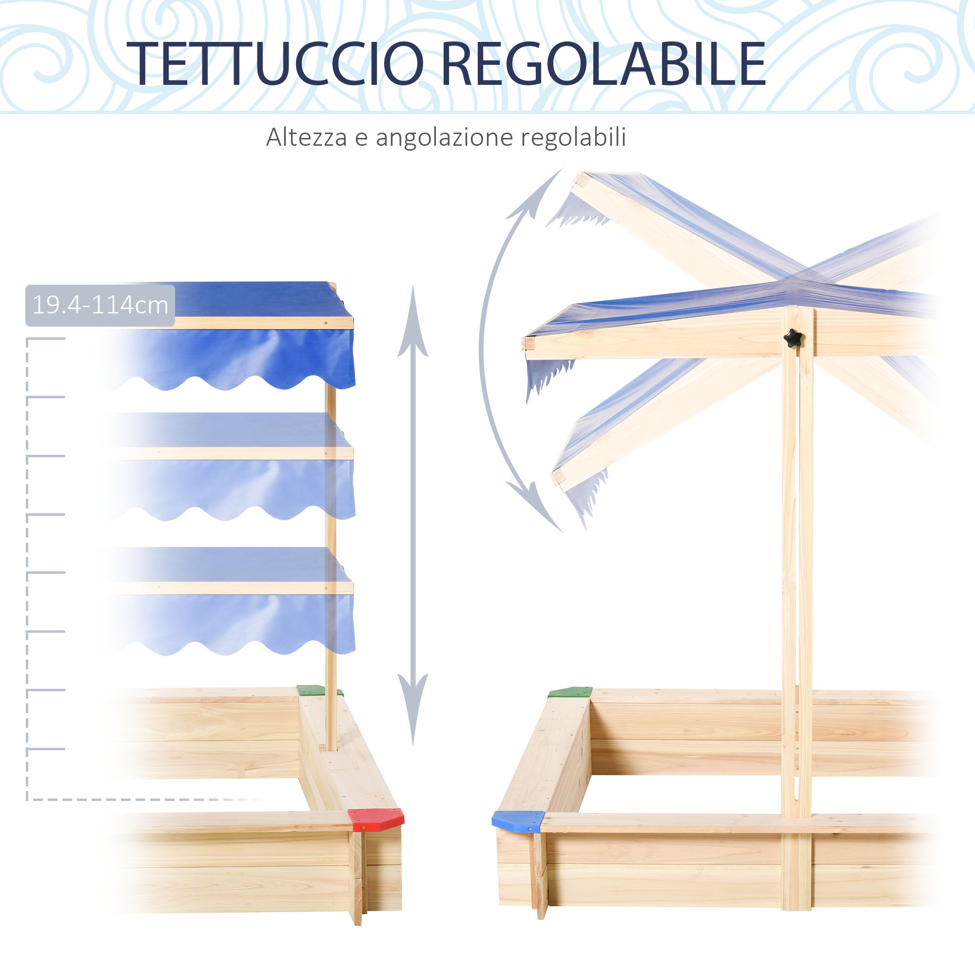 Sabbiera per bambini in legno con panca e tettuccio parasole regolabile, 120x120x120cm, colore legno e blu - 