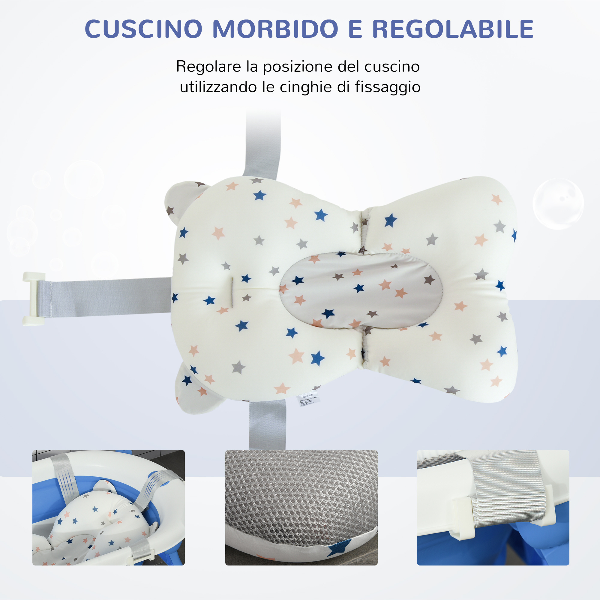 Vaschetta bagnetto pieghevole per bambini 0-3 anni con indicatore di temperatura e cuscino, 81.5x50.5x23.5 cm, blu - 