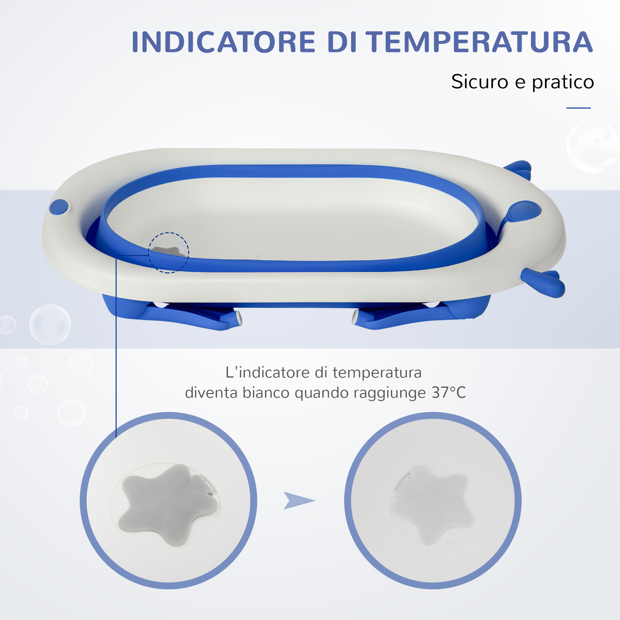 Vaschetta bagnetto pieghevole per bambini 0-3 anni con indicatore di temperatura e cuscino, 81.5x50.5x23.5 cm, blu - 
