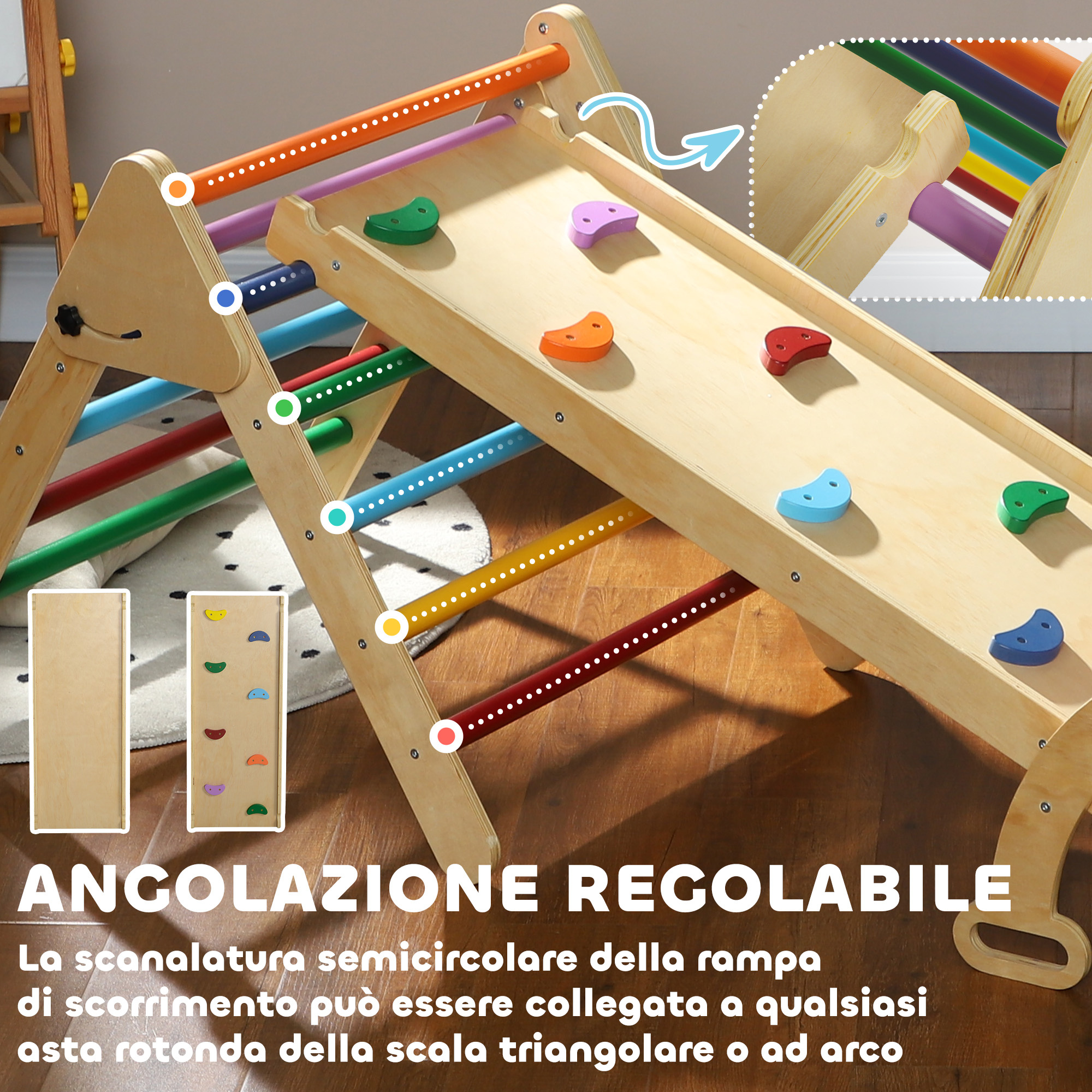 Gioco arrampicata bambini con triangolo e arco montessori e rampa con pietre in legno di pino, 178x64.5x63 cm - 
