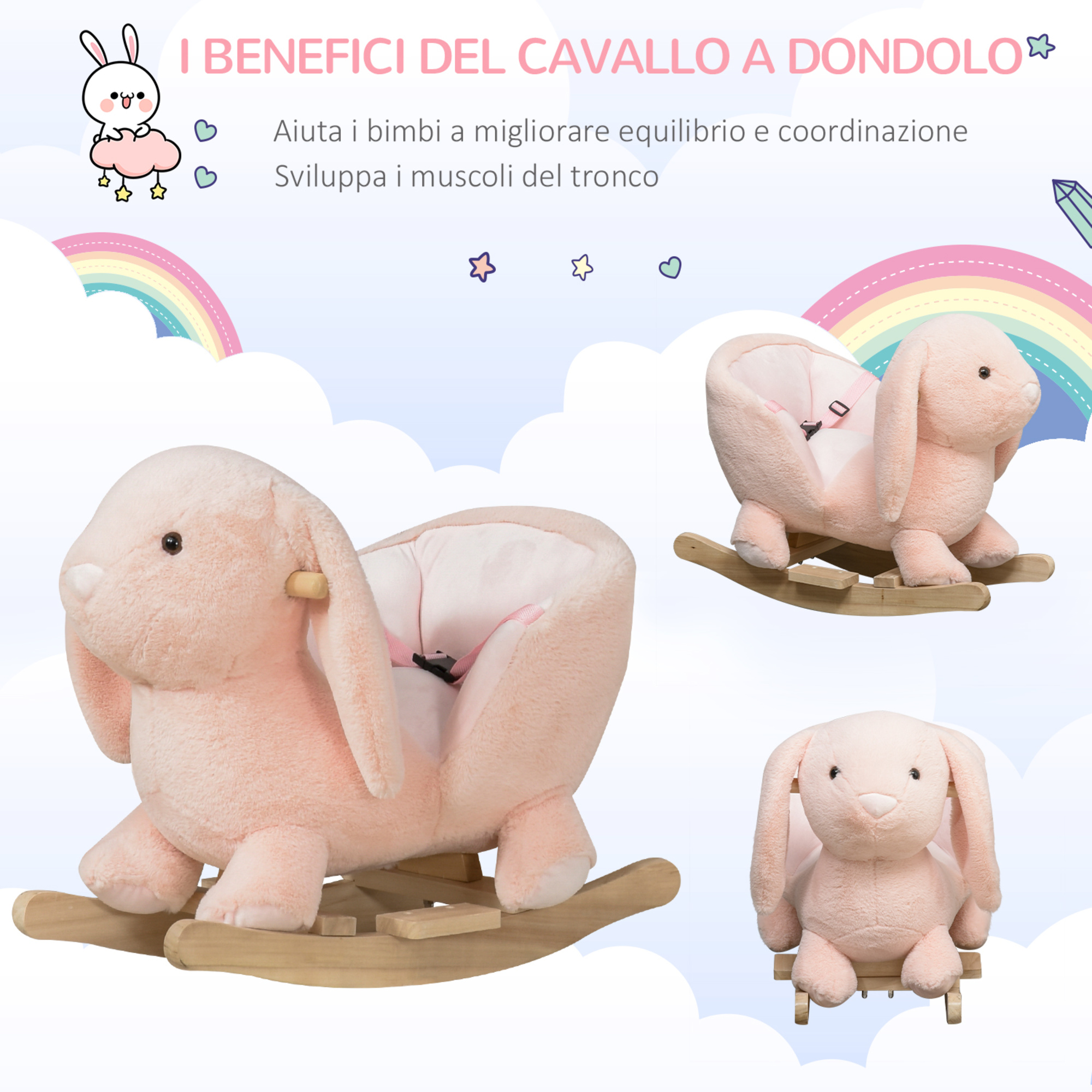Cavallo a dondolo a forma di coniglio con suoni, cavalluccio a dondolo per bambini 18-36 mesi interattivo, rosa, 60x33x50cm - 