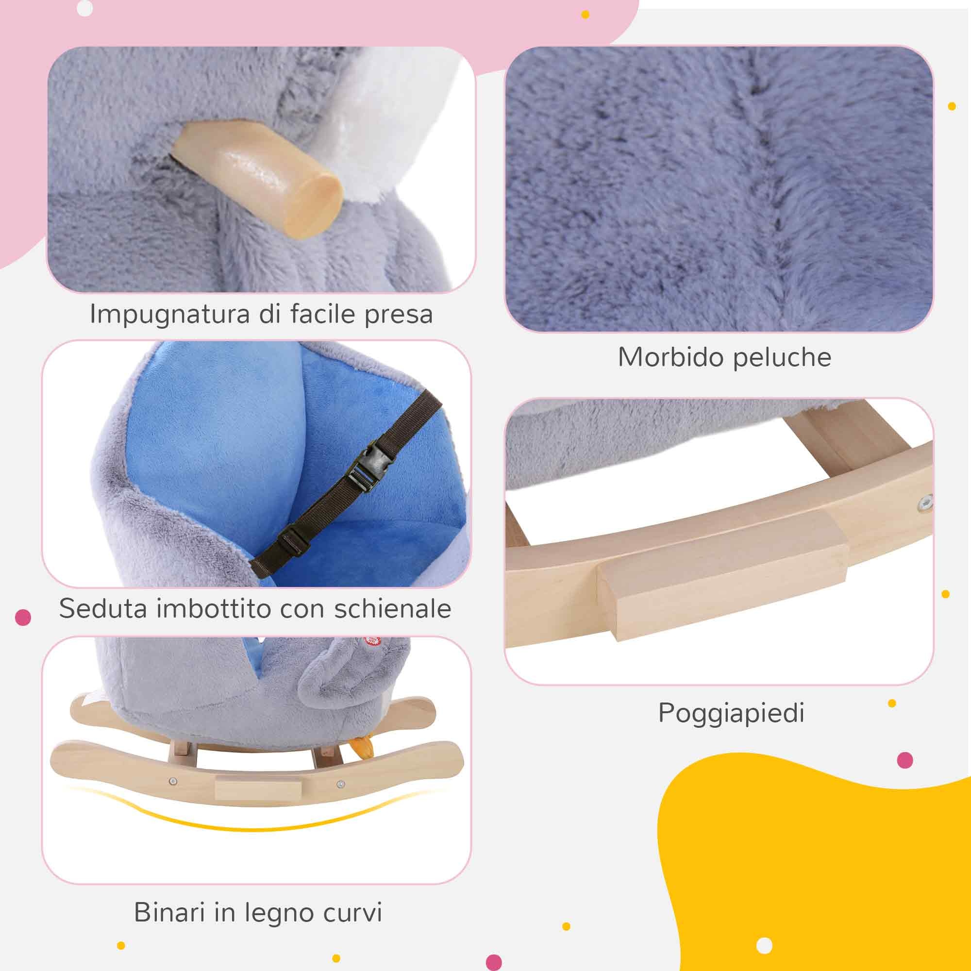 Cavallo a dondolo a pinguino in peluche con 32 musiche e cintura di sicurezza, età 18 mesi - 