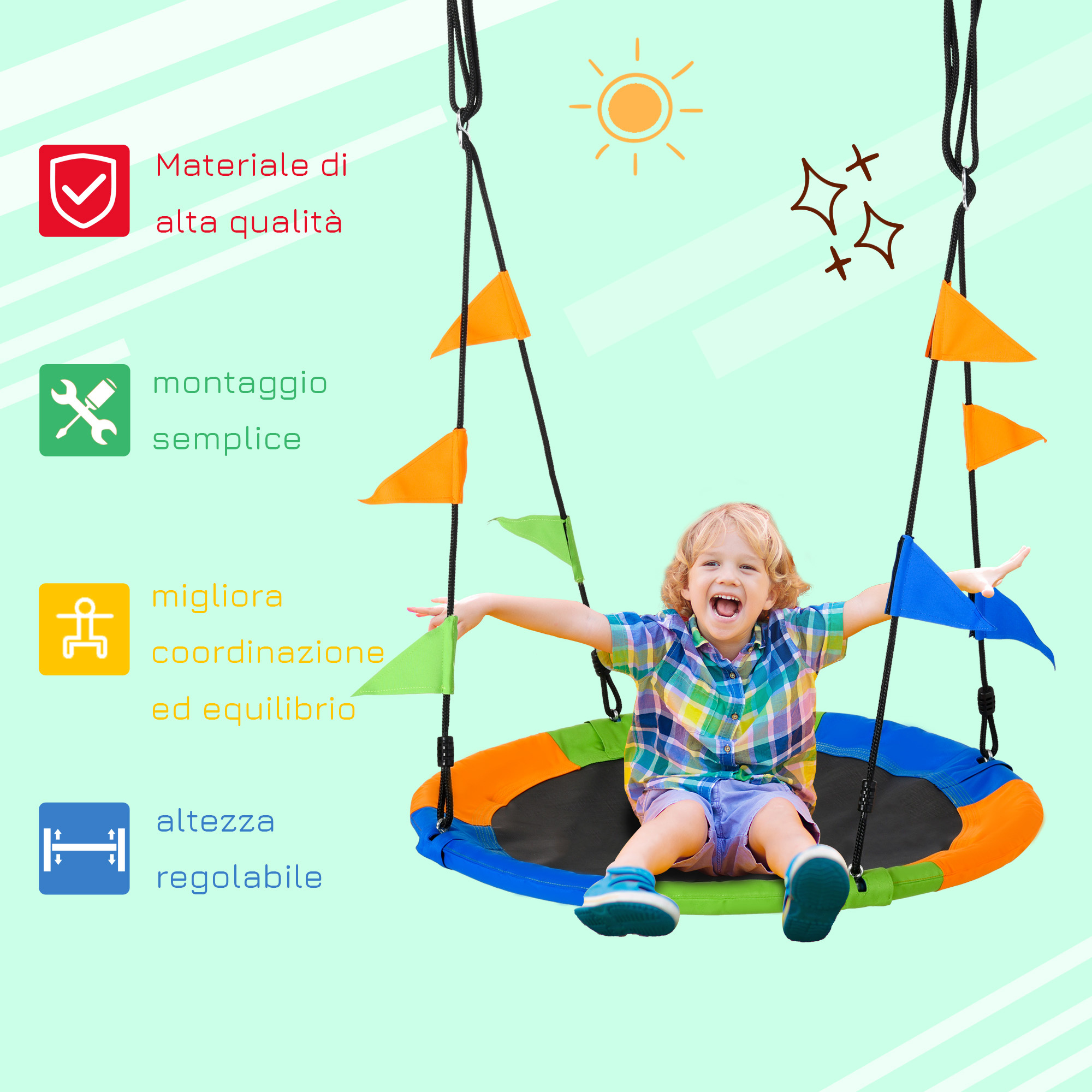 Altalena rotonda a nido per bambini di +3 anni per giardino, esterni, interni, cameretta, multicolor φ100x120-180acm - 
