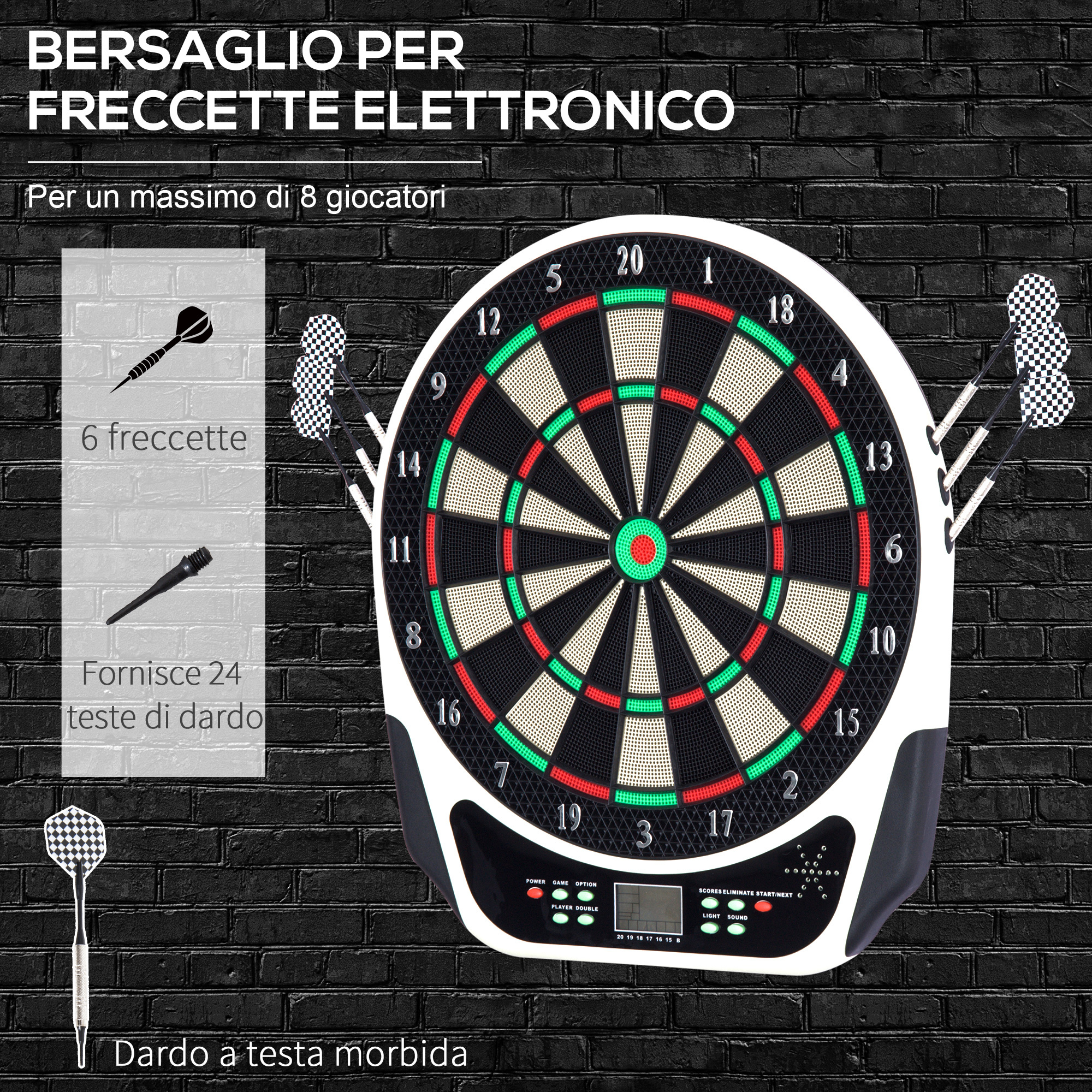 Bersaglio freccette elettronico in plastica con 6 freccette, effetti sonori e visivi, 44 x 50 x 3.2cm, nero - 