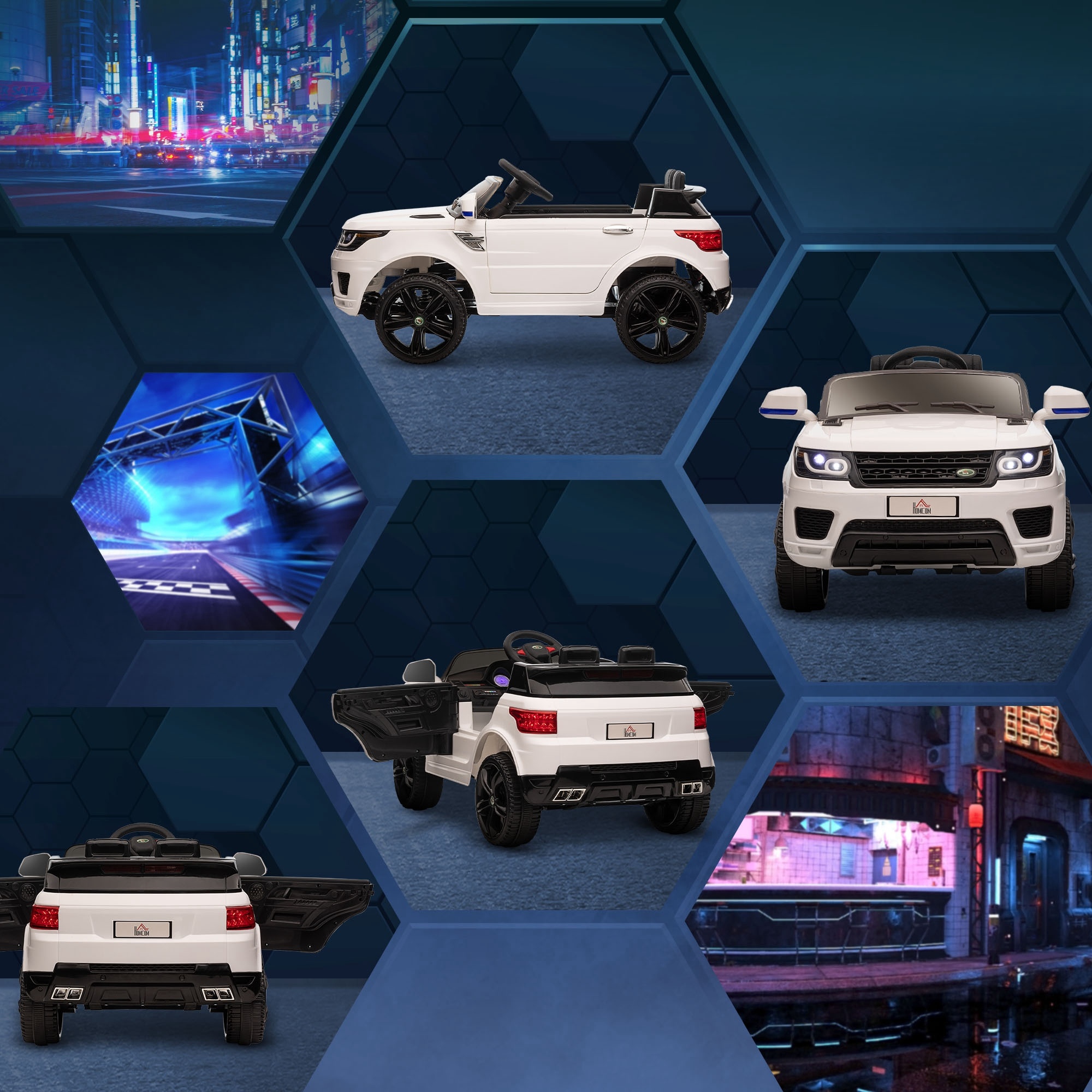 Macchina elettrica per bambini 3-6 anni con telecomando, luci led e clacson, in pp e metallo, 110x68x52 cm, bianco - 