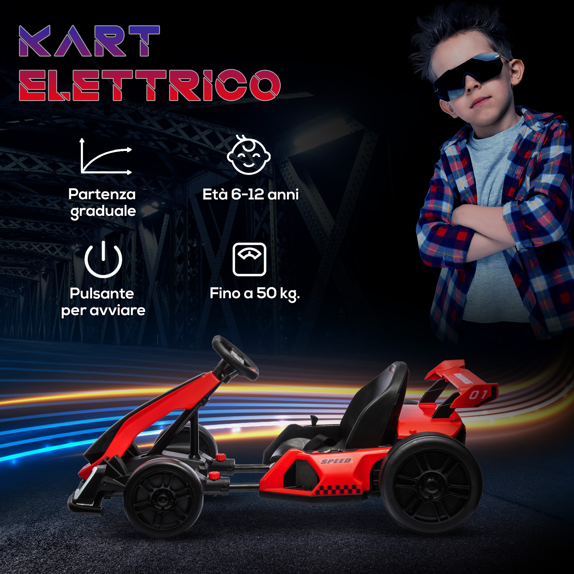 Go kart elettrico per bambini 6-12 anni 24v 12km/h con seggiolino regolabile, rosso - 
