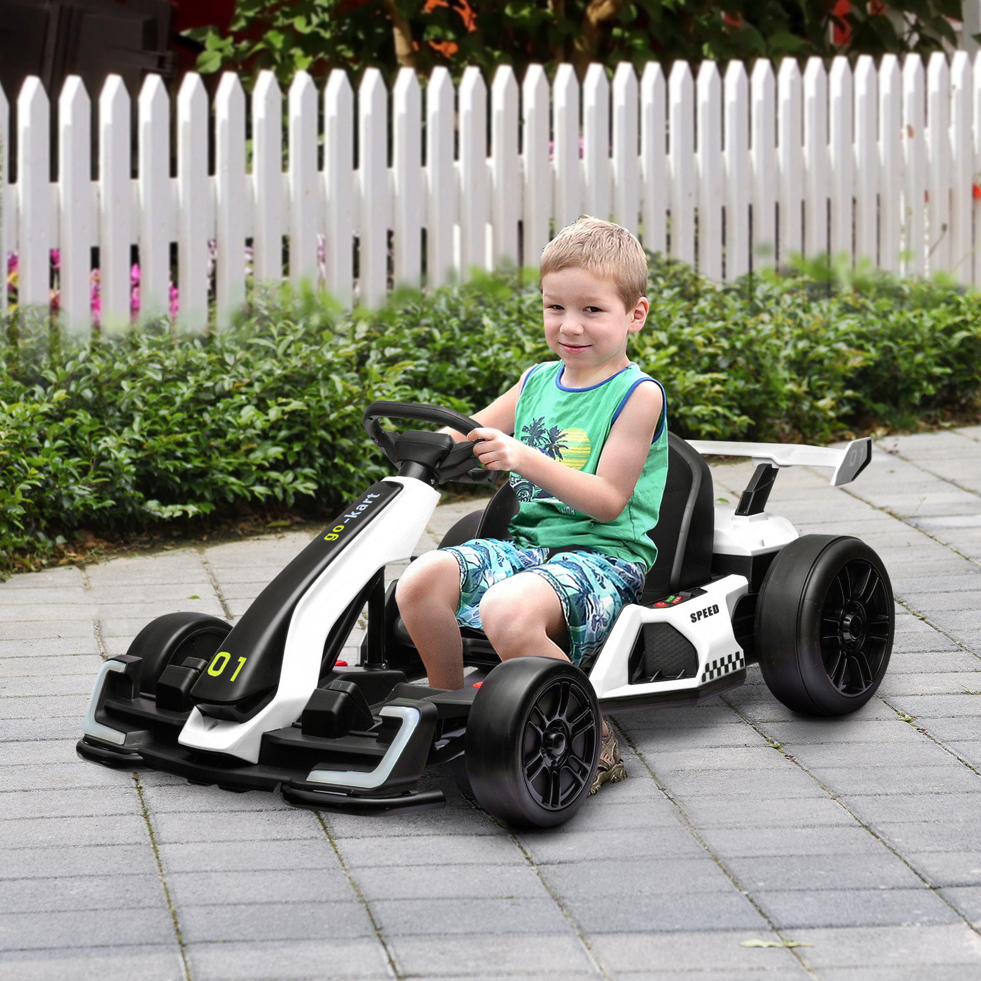 Go kart elettrico per bambini 6-12 anni 24v 12km/h con seggiolino regolabile, bianco - 