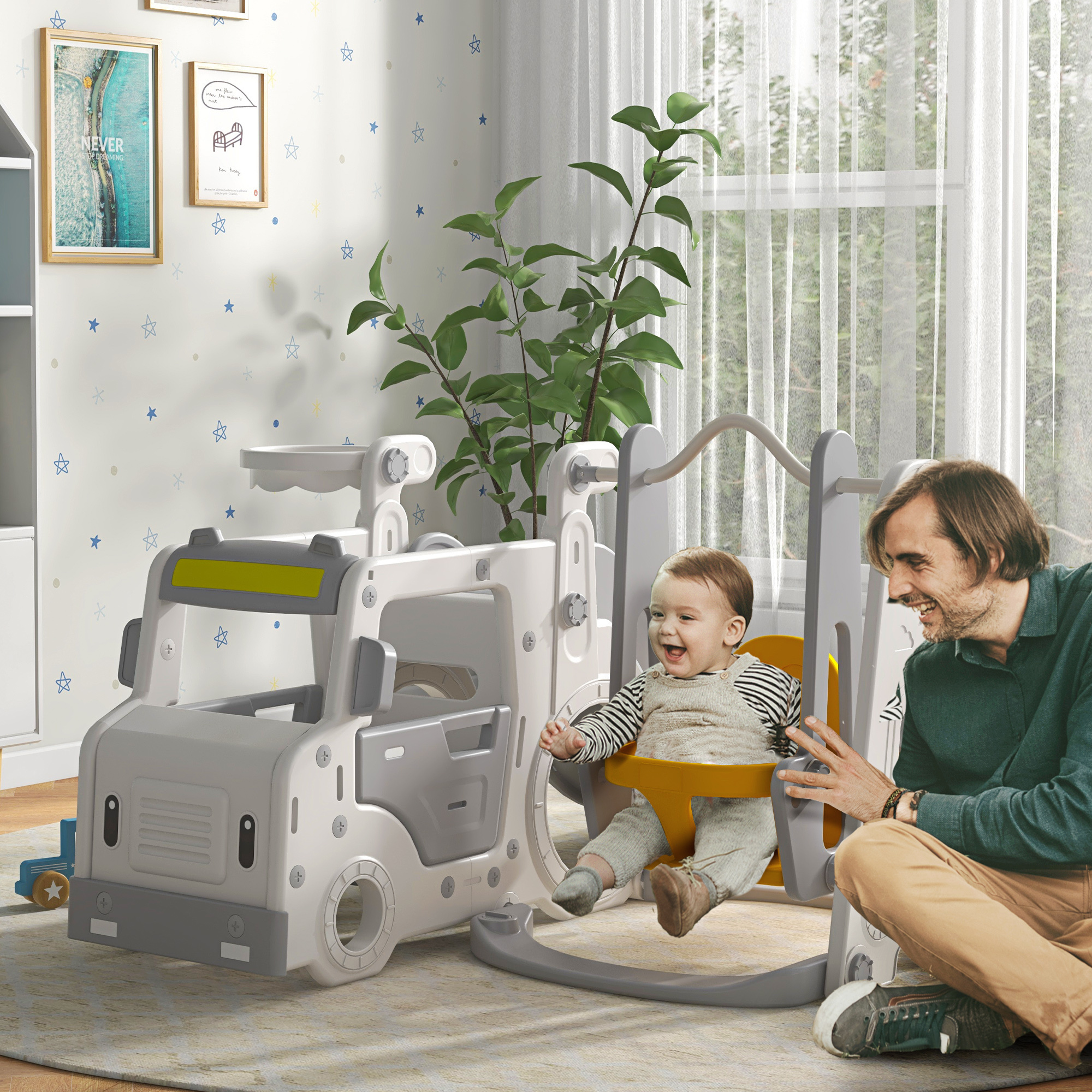 Set scivolo per bambini 18-48 mesi con altalena, macchinina e canestro, 201x151x87.5cm, bianco - 