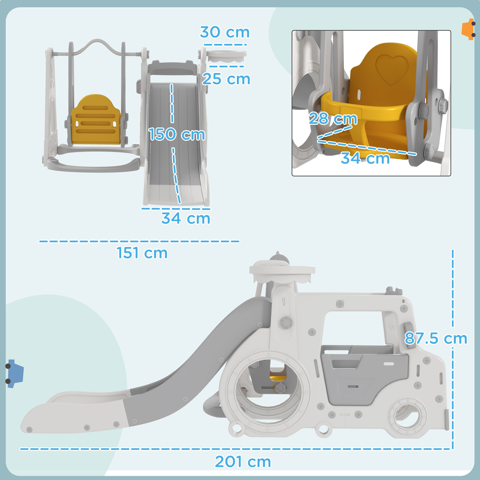 Set scivolo per bambini 18-48 mesi con altalena, macchinina e canestro, 201x151x87.5cm, bianco - 