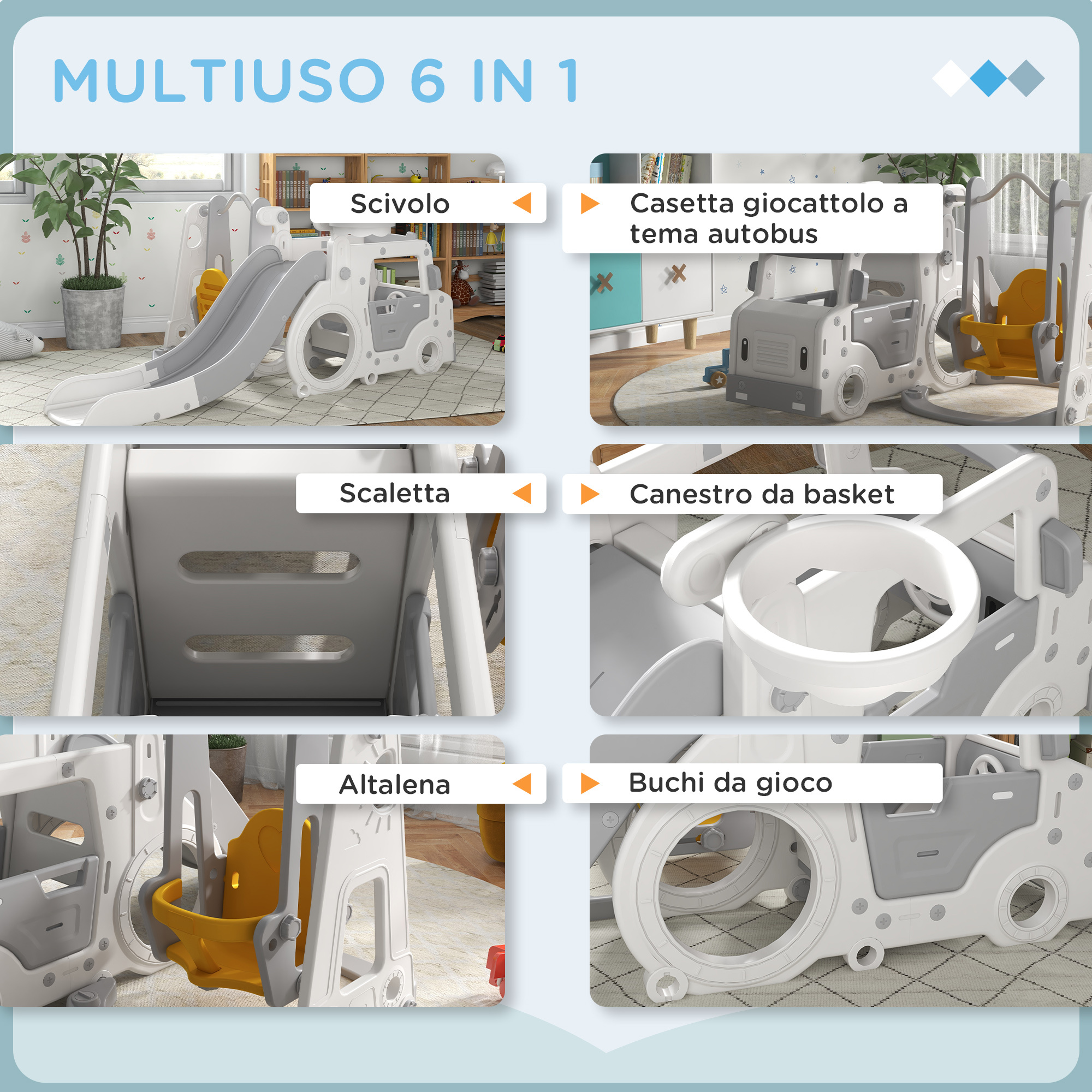 Set scivolo per bambini 18-48 mesi con altalena, macchinina e canestro, 201x151x87.5cm, bianco - 