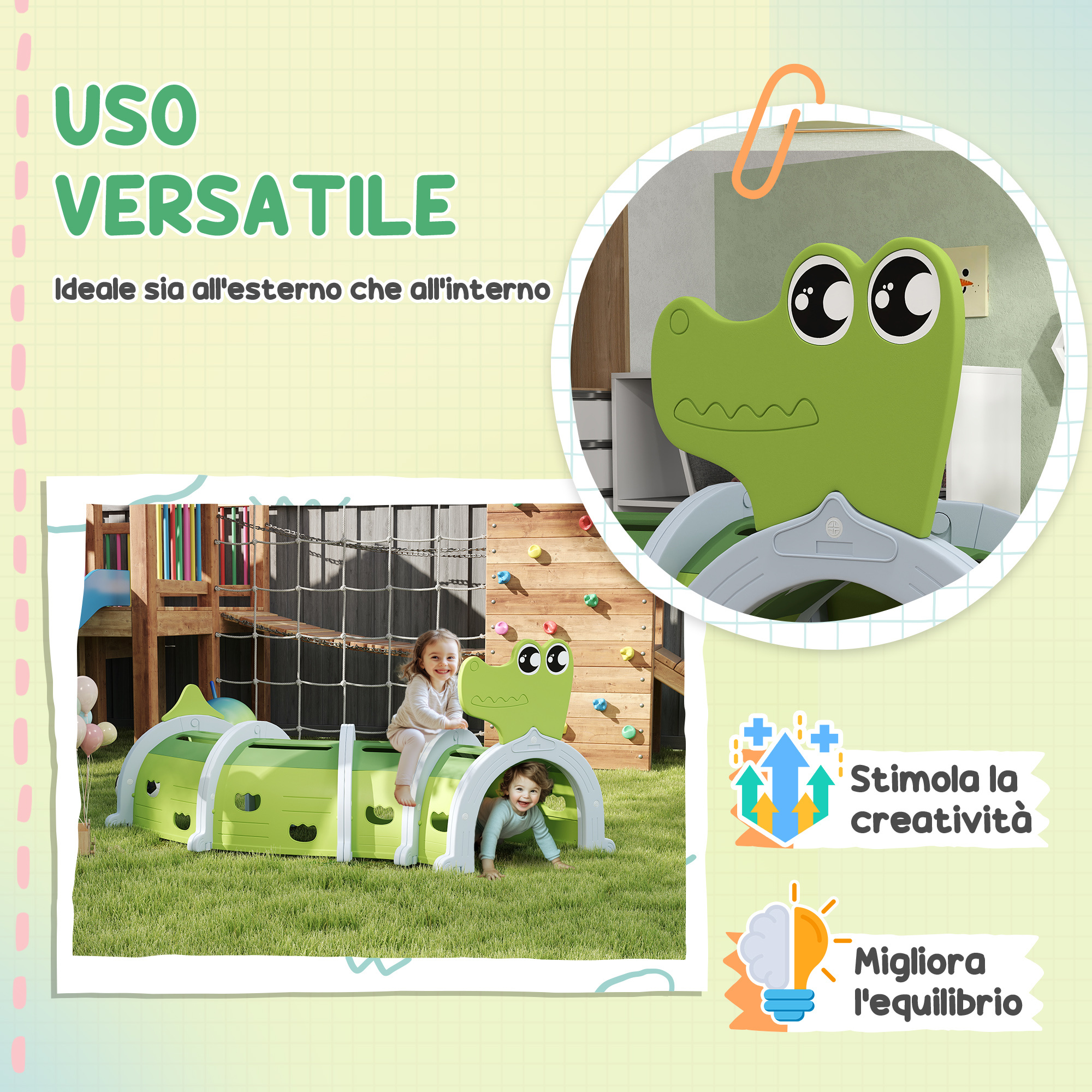 Tunnel per bambini 3-6 anni a forma di coccodrillo, gioco per interno ed esterno in plastica, verde - 