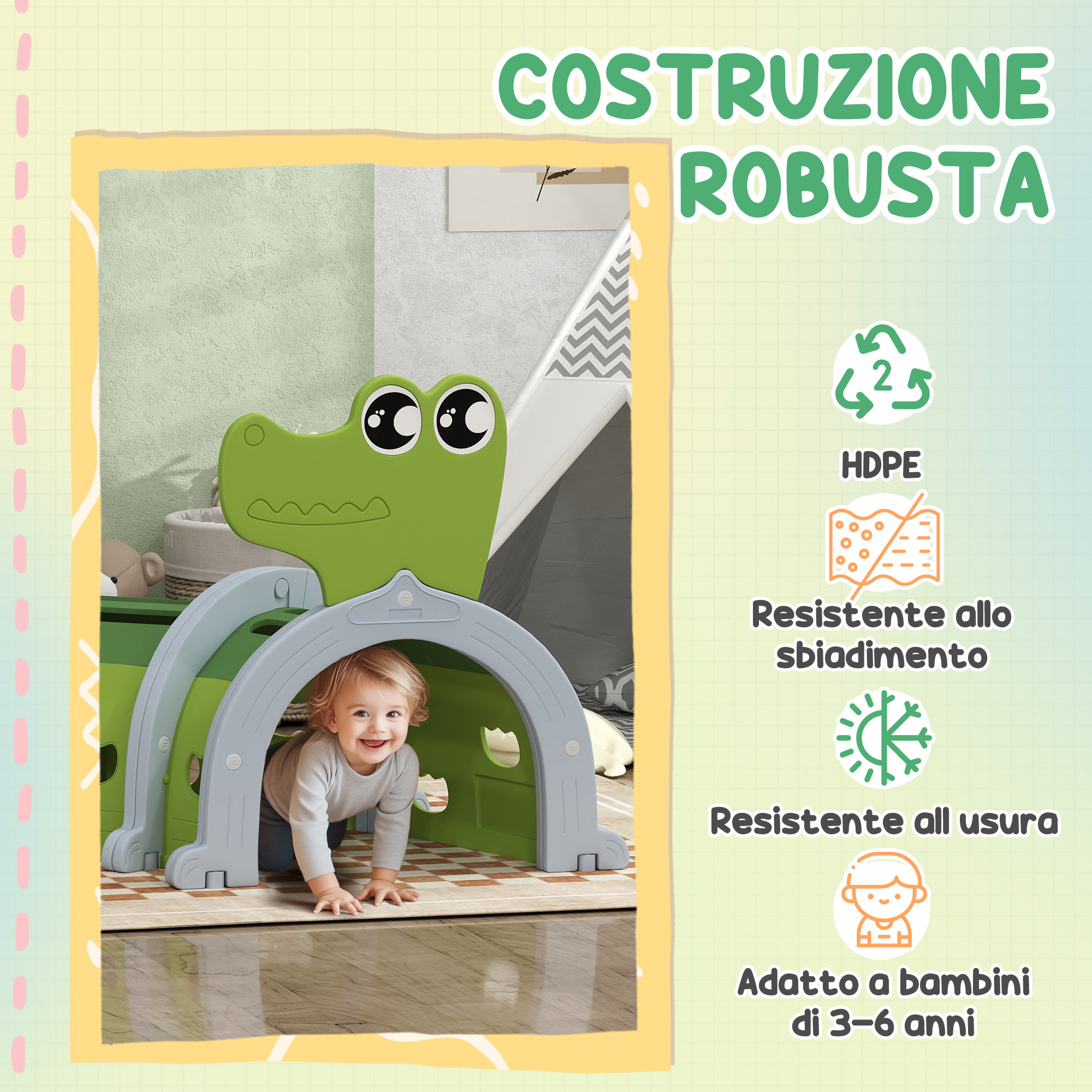 Tunnel per bambini 3-6 anni a forma di coccodrillo, gioco per interno ed esterno in plastica, verde - 