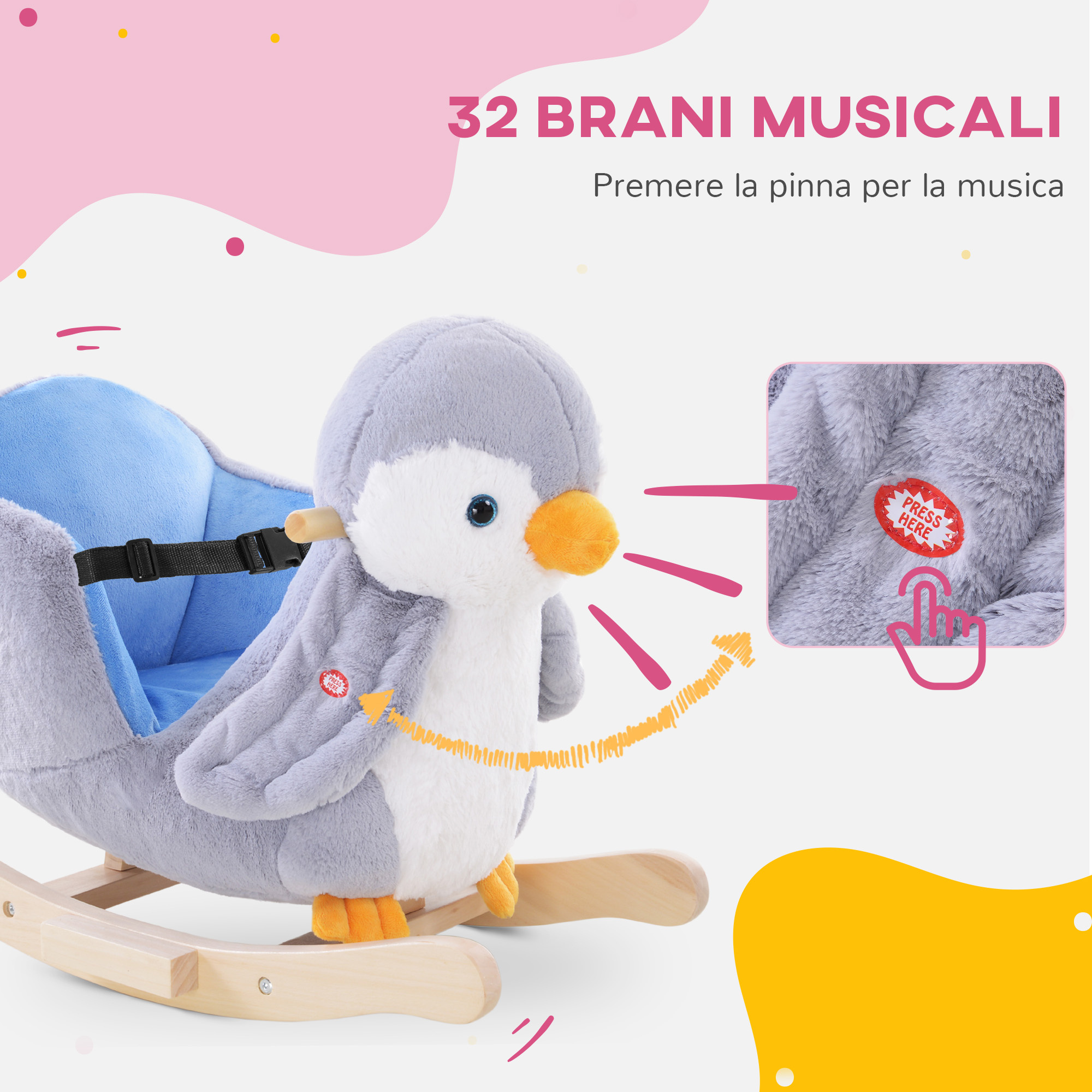 Cavallo a dondolo a pinguino in peluche con 32 musiche e cintura di sicurezza, età 18 mesi - 